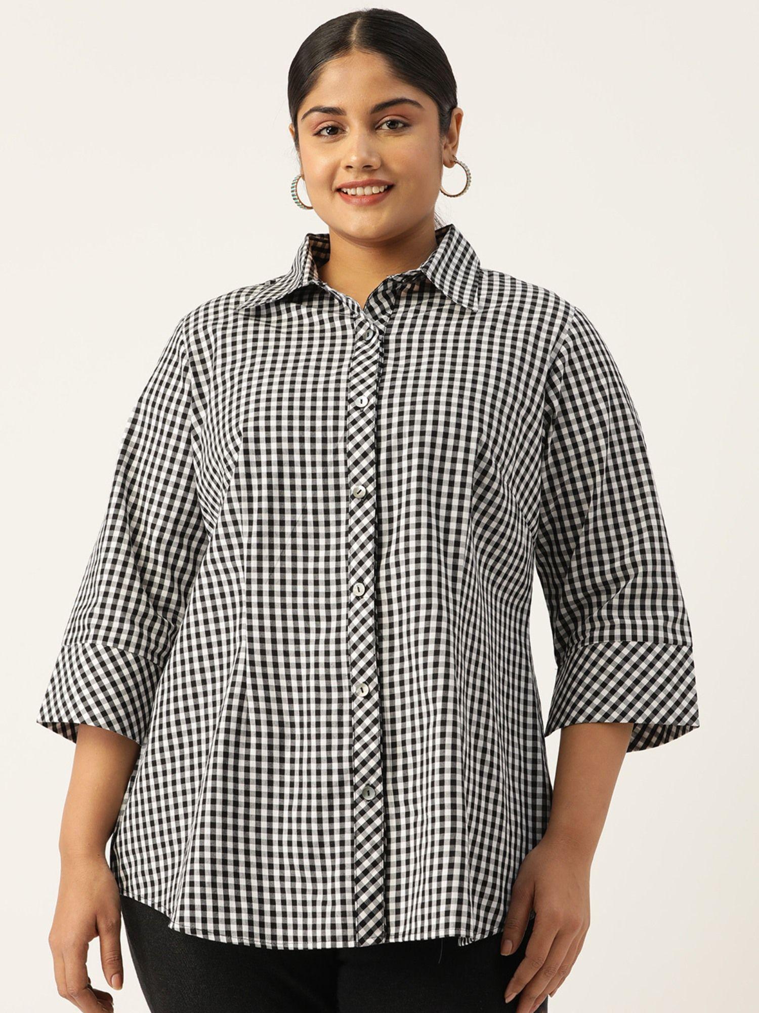 plus size womens black checked printed cotton shirt