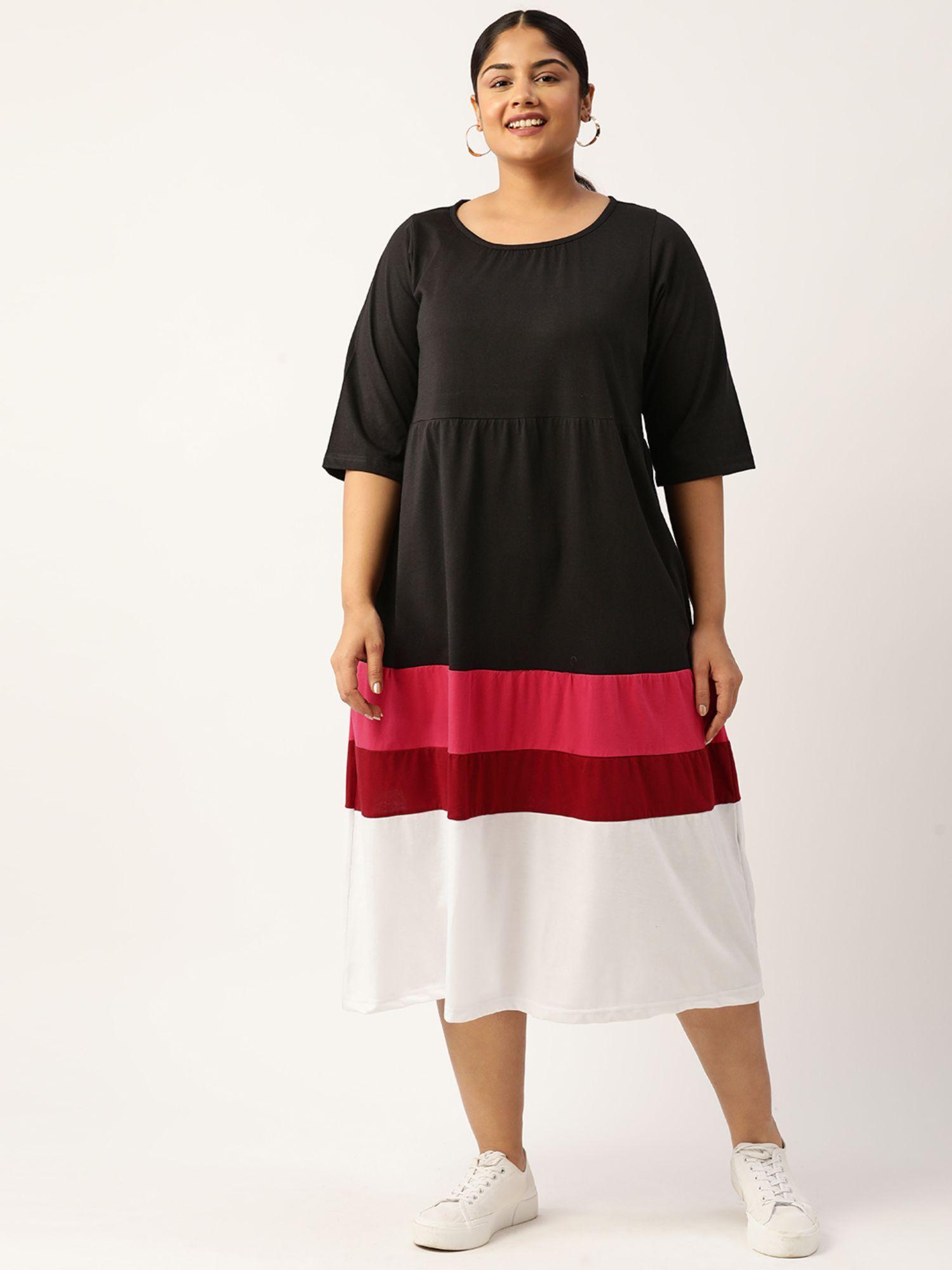 plus size womens black colourblocked a line midi cotton dress