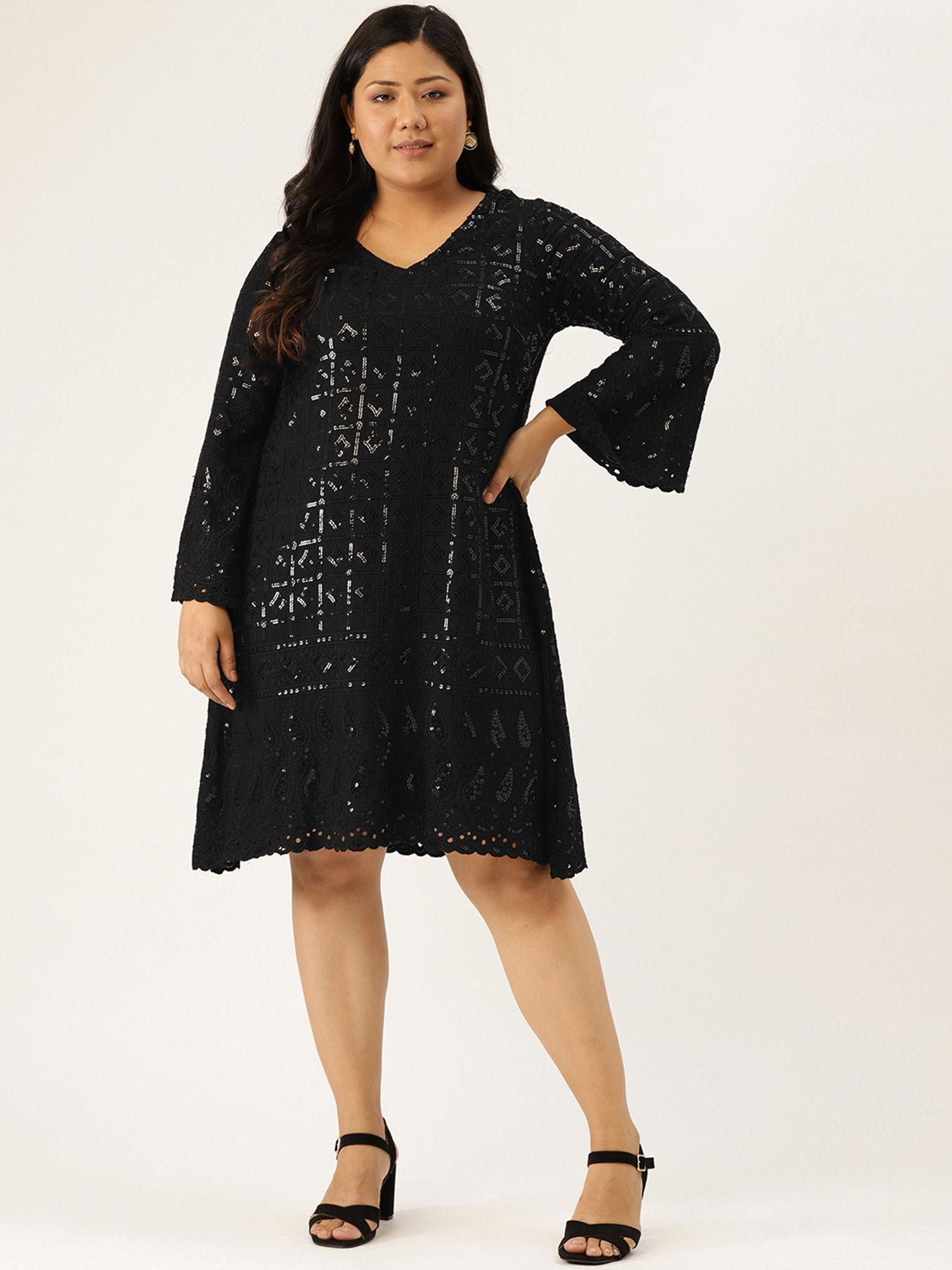 plus size womens black embroidered & sequinned a-line dress