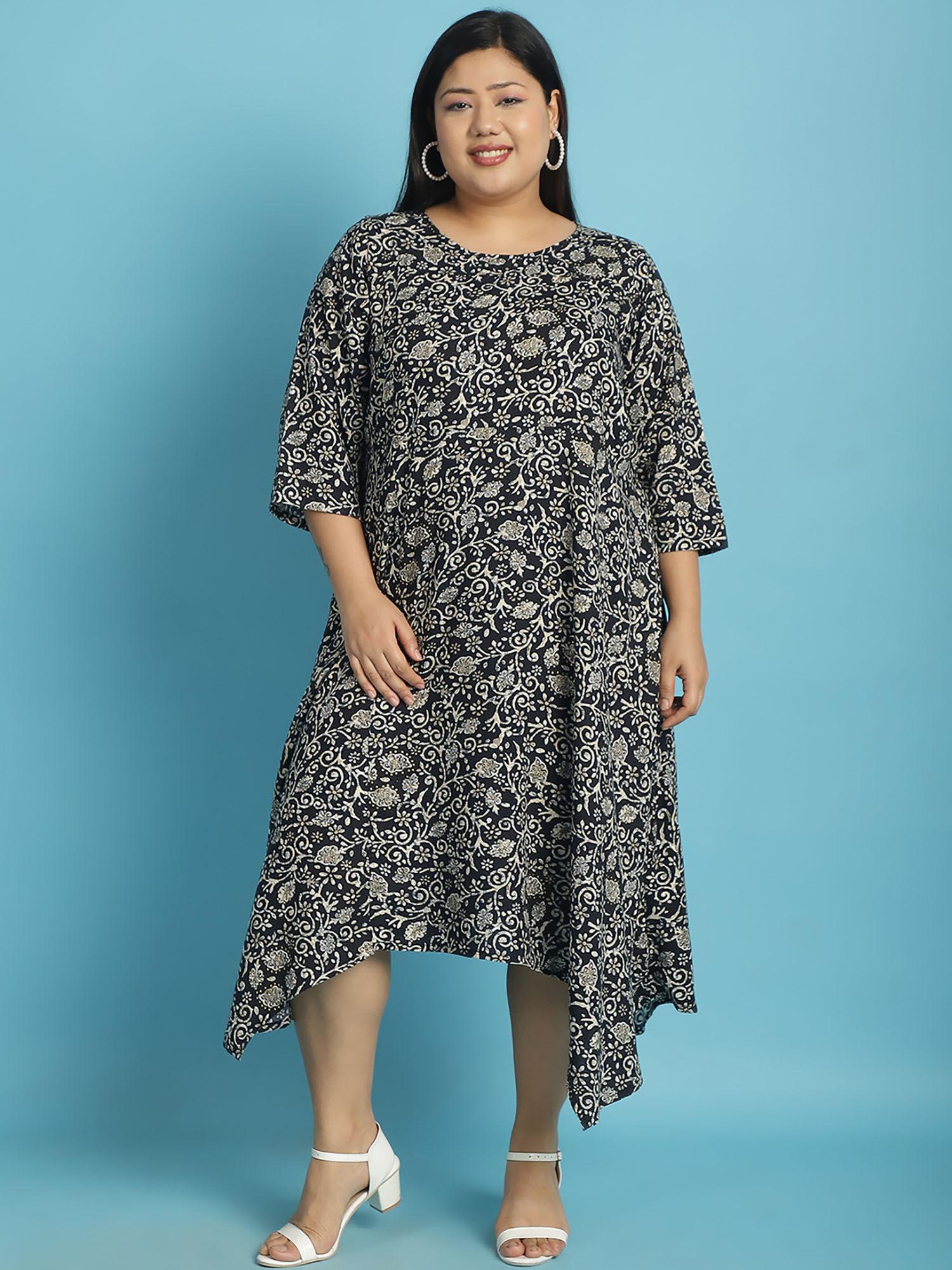 plus size womens black floral batik printed a-line midi dress