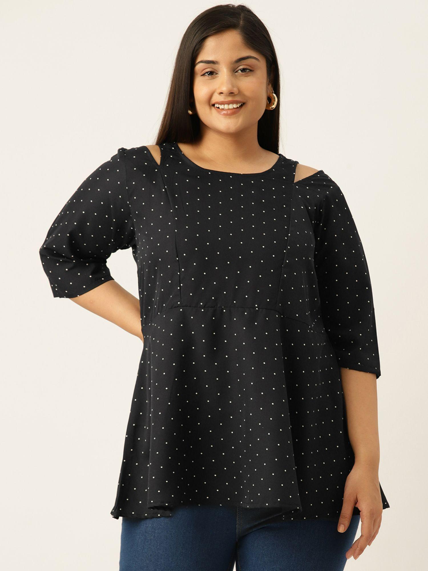 plus size womens black polka dot cut out detail top