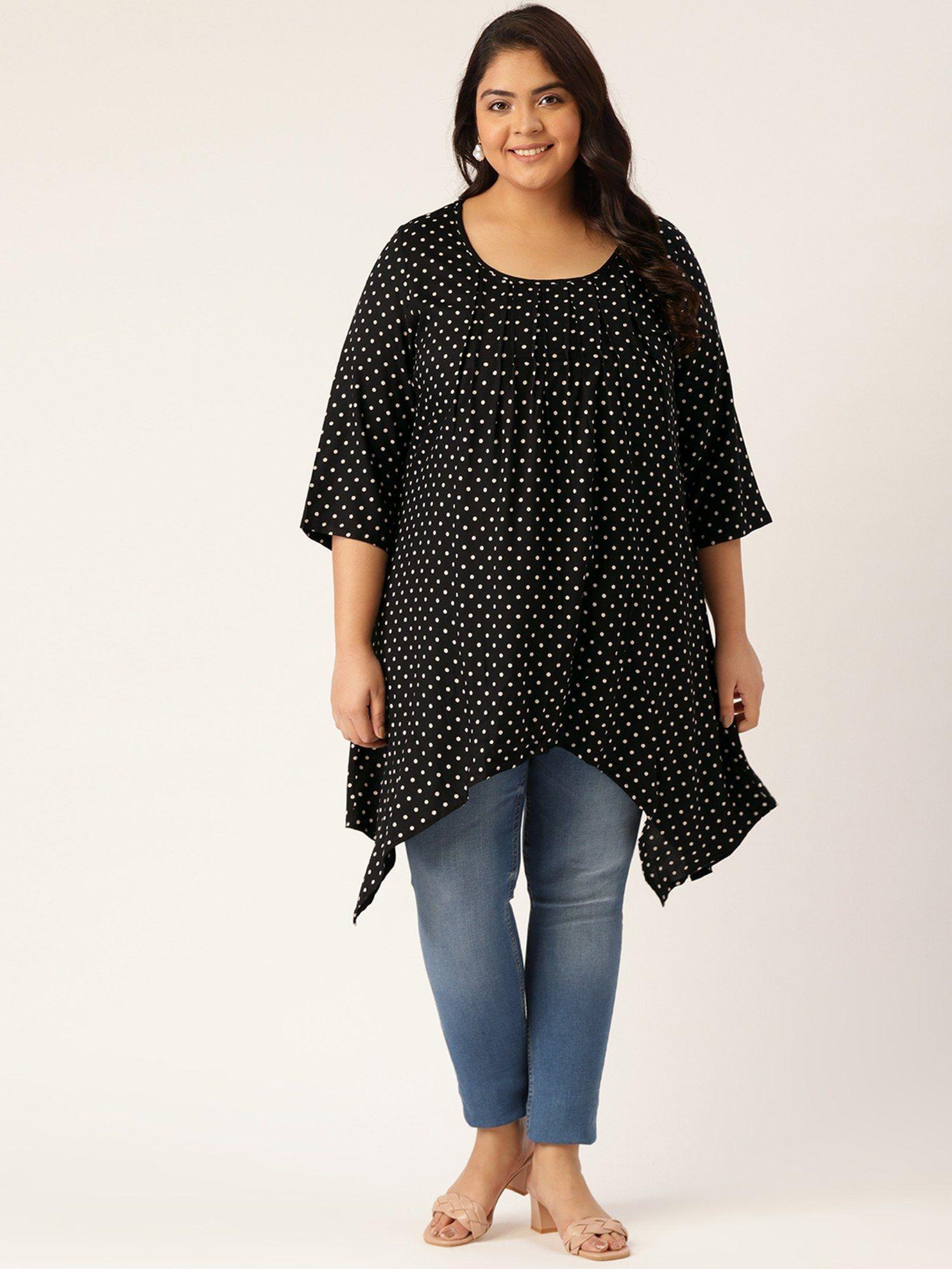 plus size womens black polka dot pleated longline top