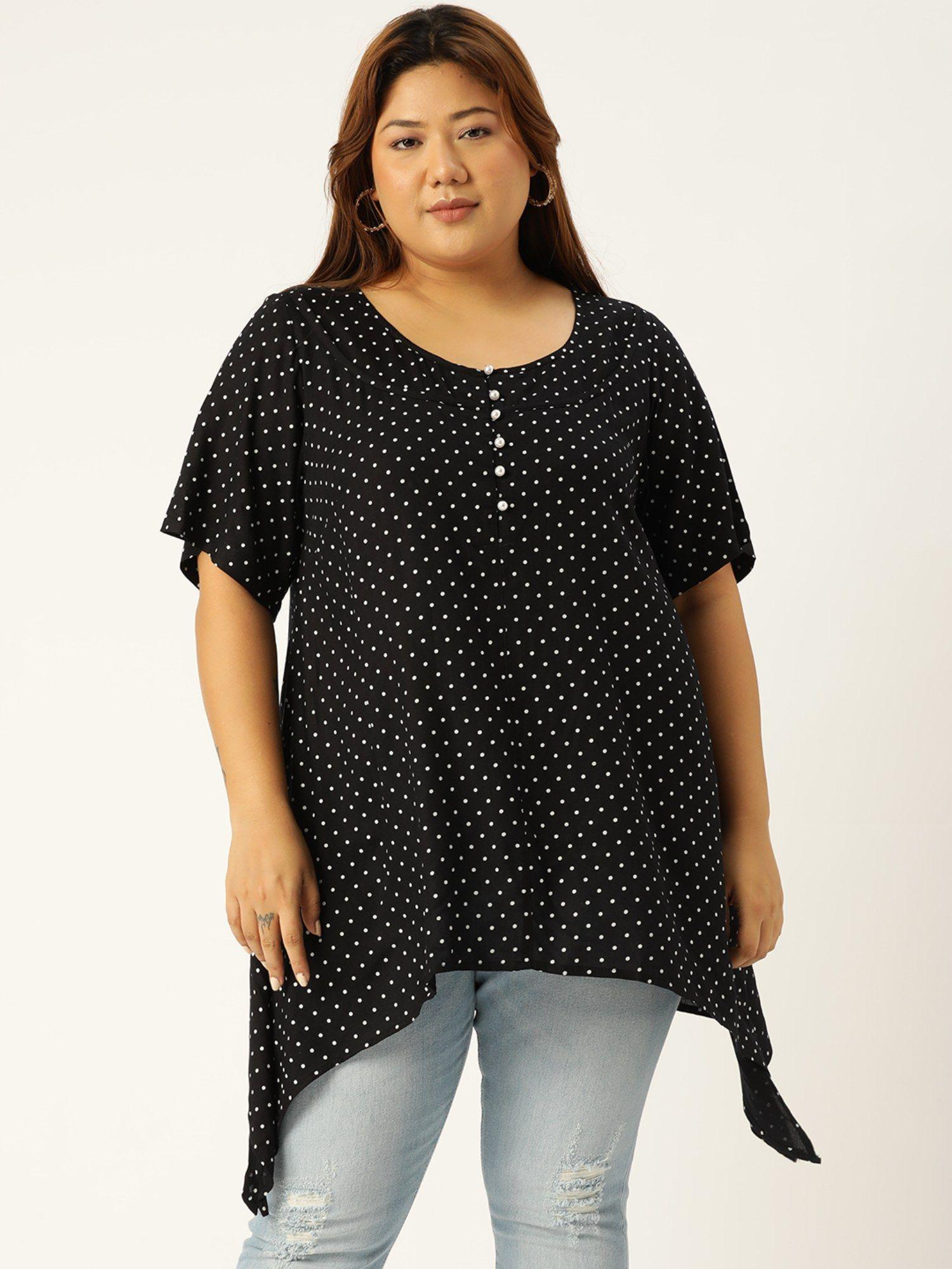 plus size womens black polka dot printed high-low longline top