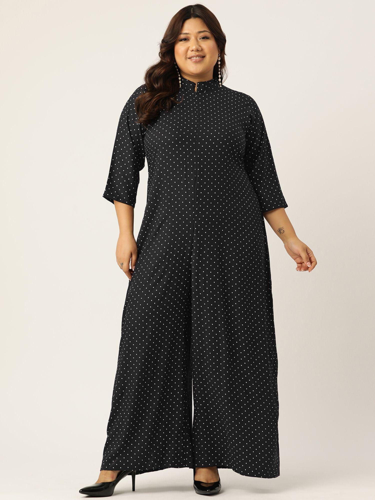 plus size womens black polka dot printed mandarin collar jumpsuit