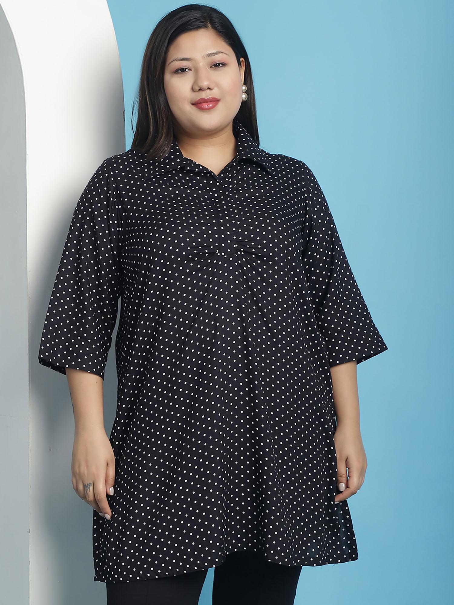 plus size womens black polka dot printed shirt collar top