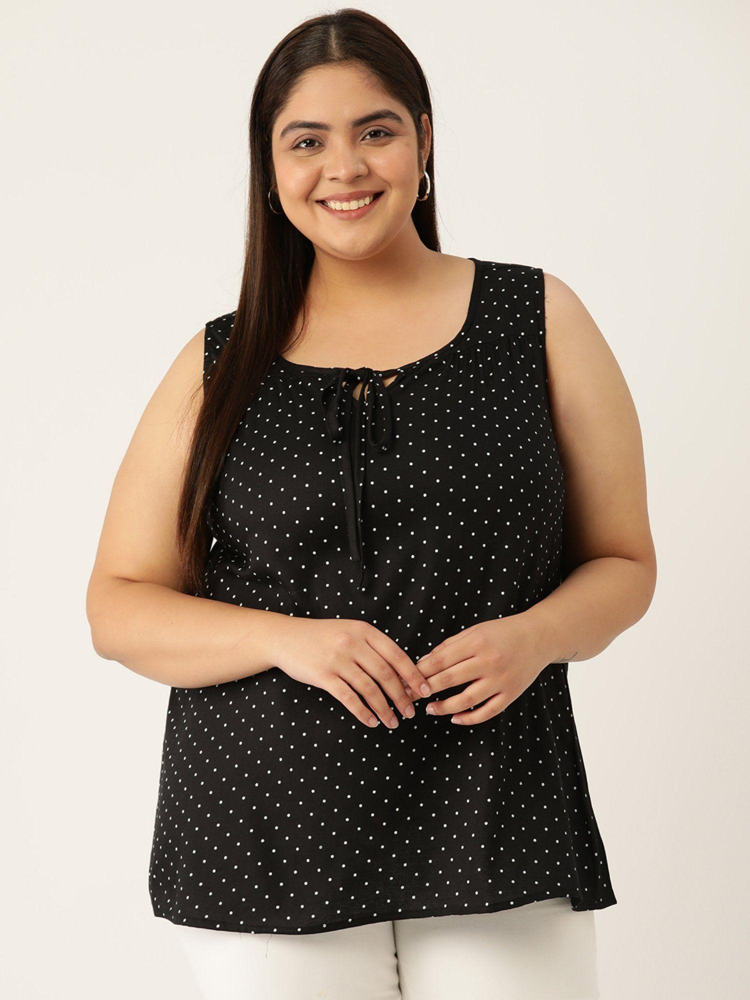 plus size womens black polka dot printed tie-up neck detail sleeveless woven top