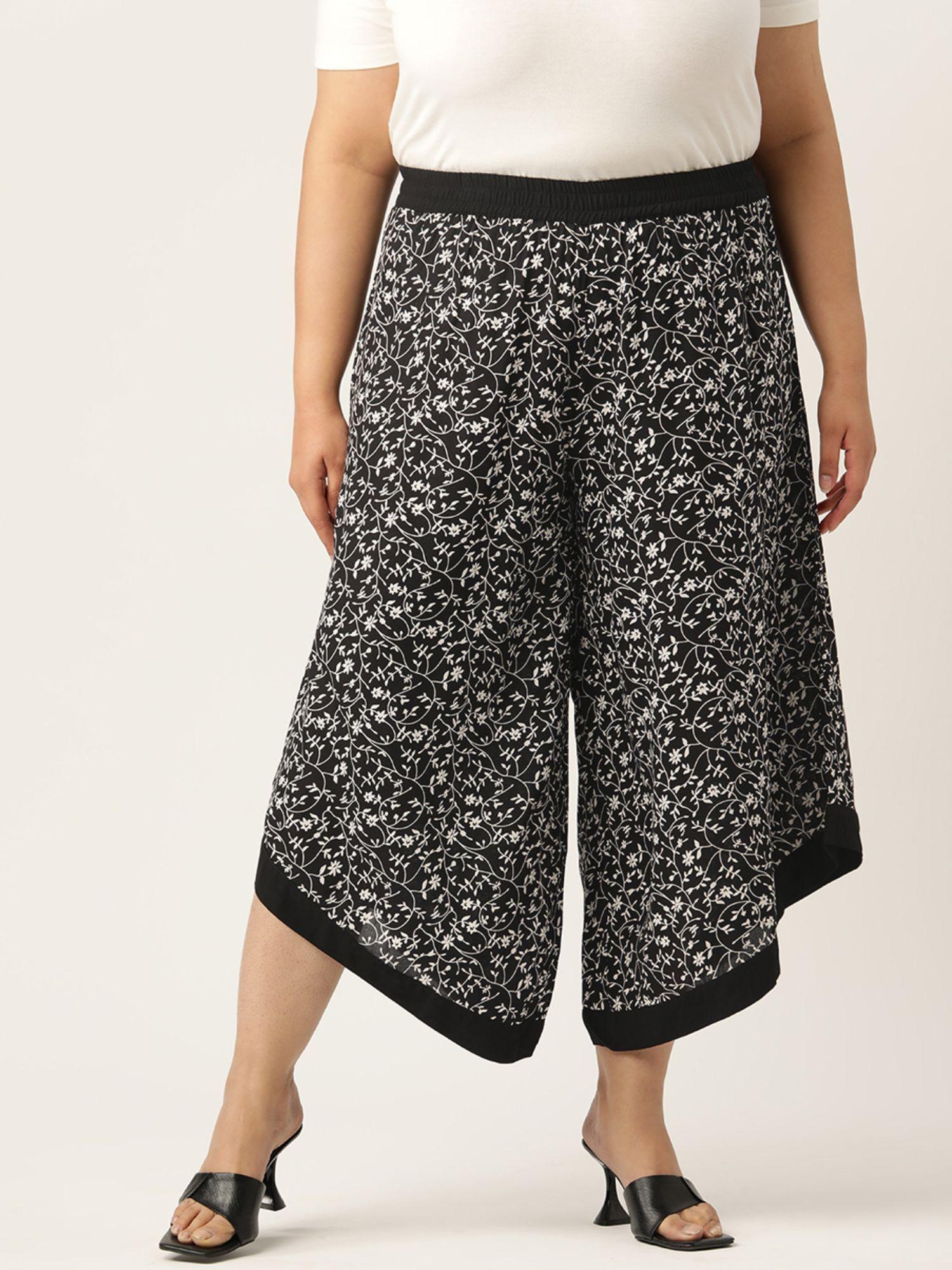 plus size womens black small floral printed high-rise relaxed culottes