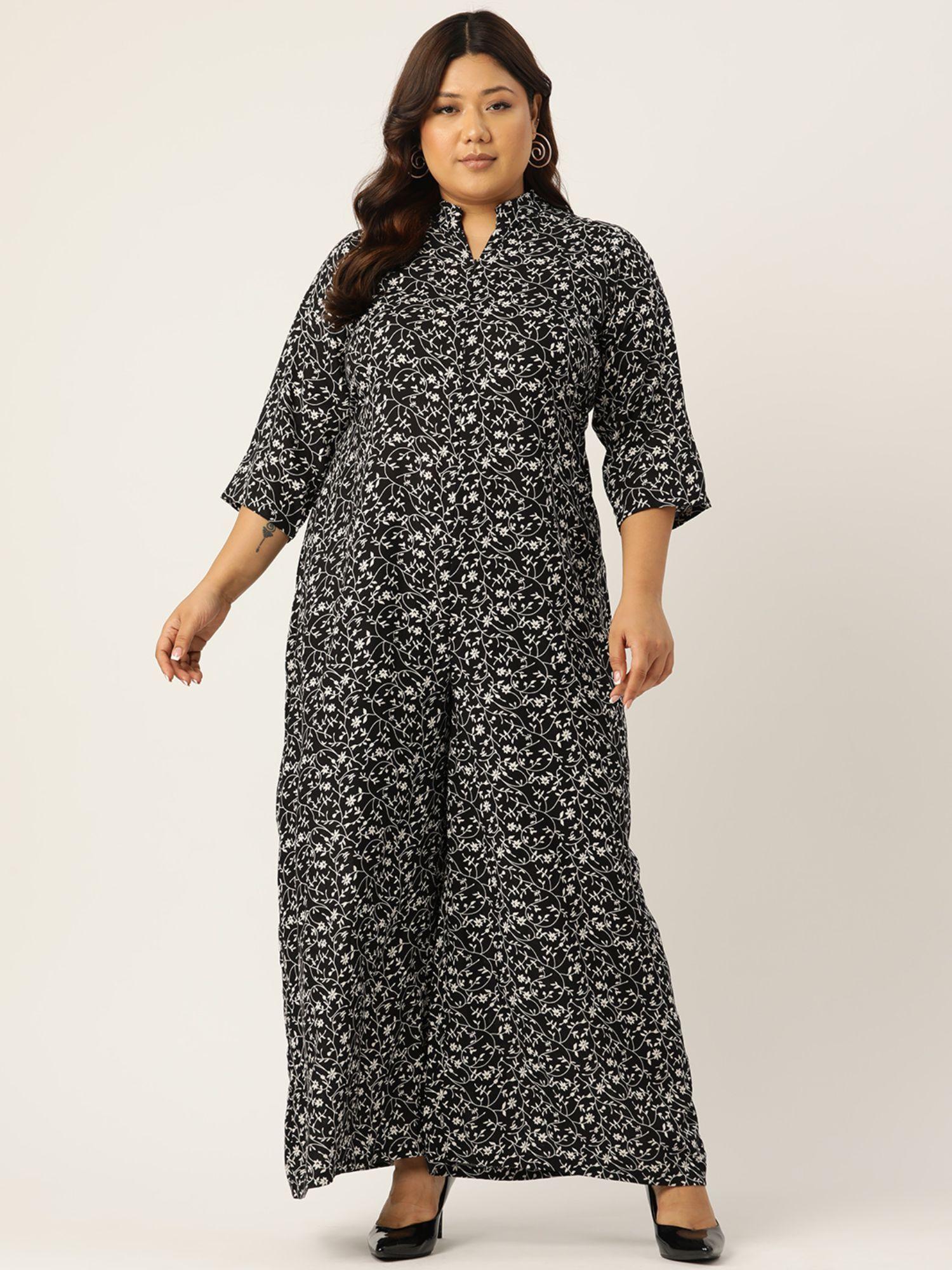 plus size womens black small floral printed mandarin collar jumpsuit