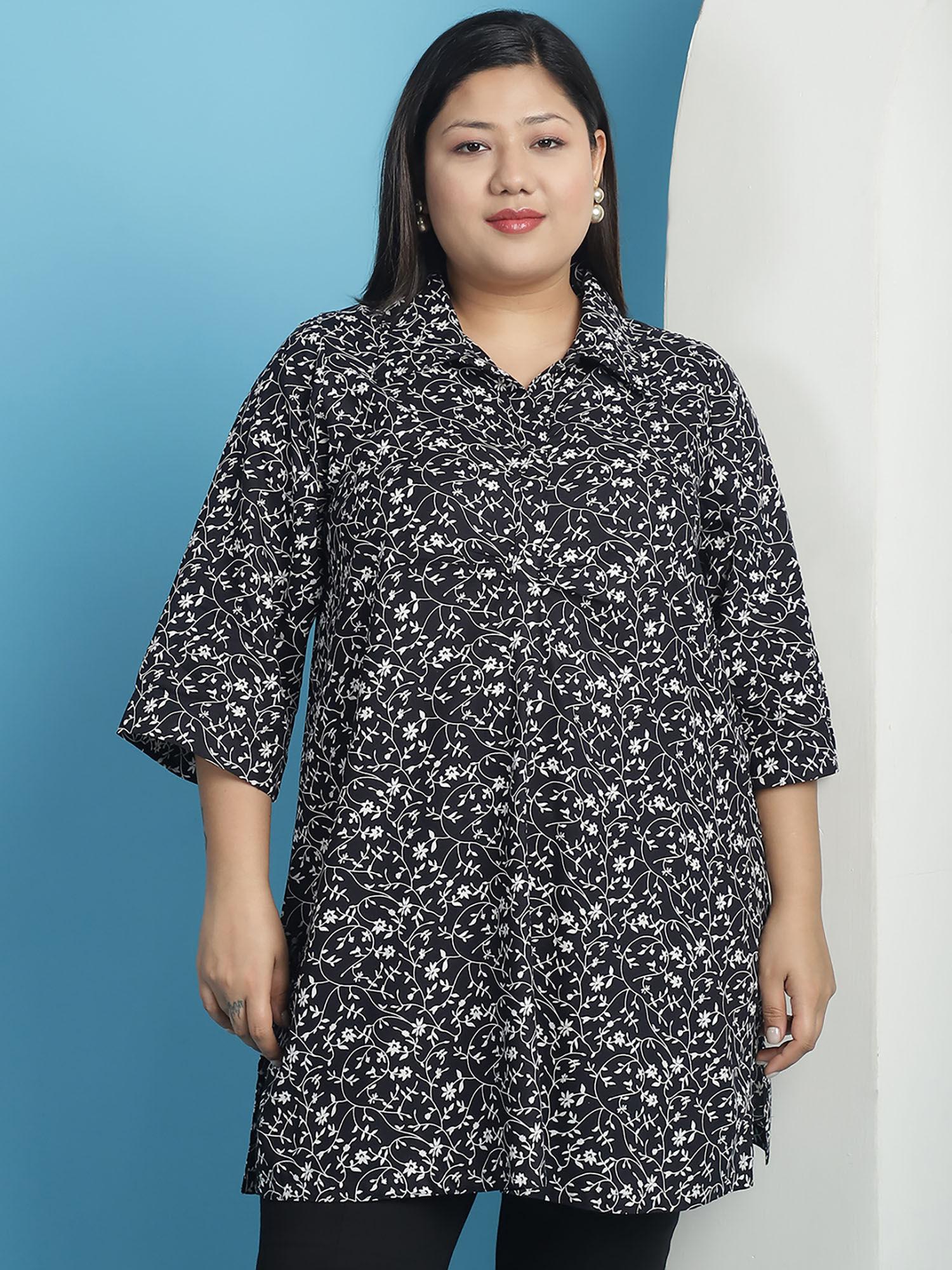 plus size womens black small floral printed shirt collar top