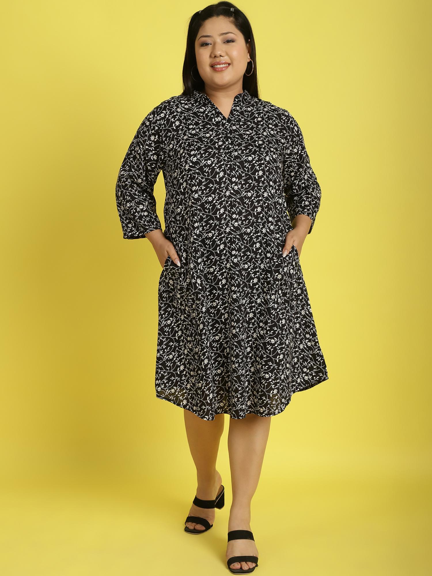 plus size womens black small floral printed shirt knee length dress