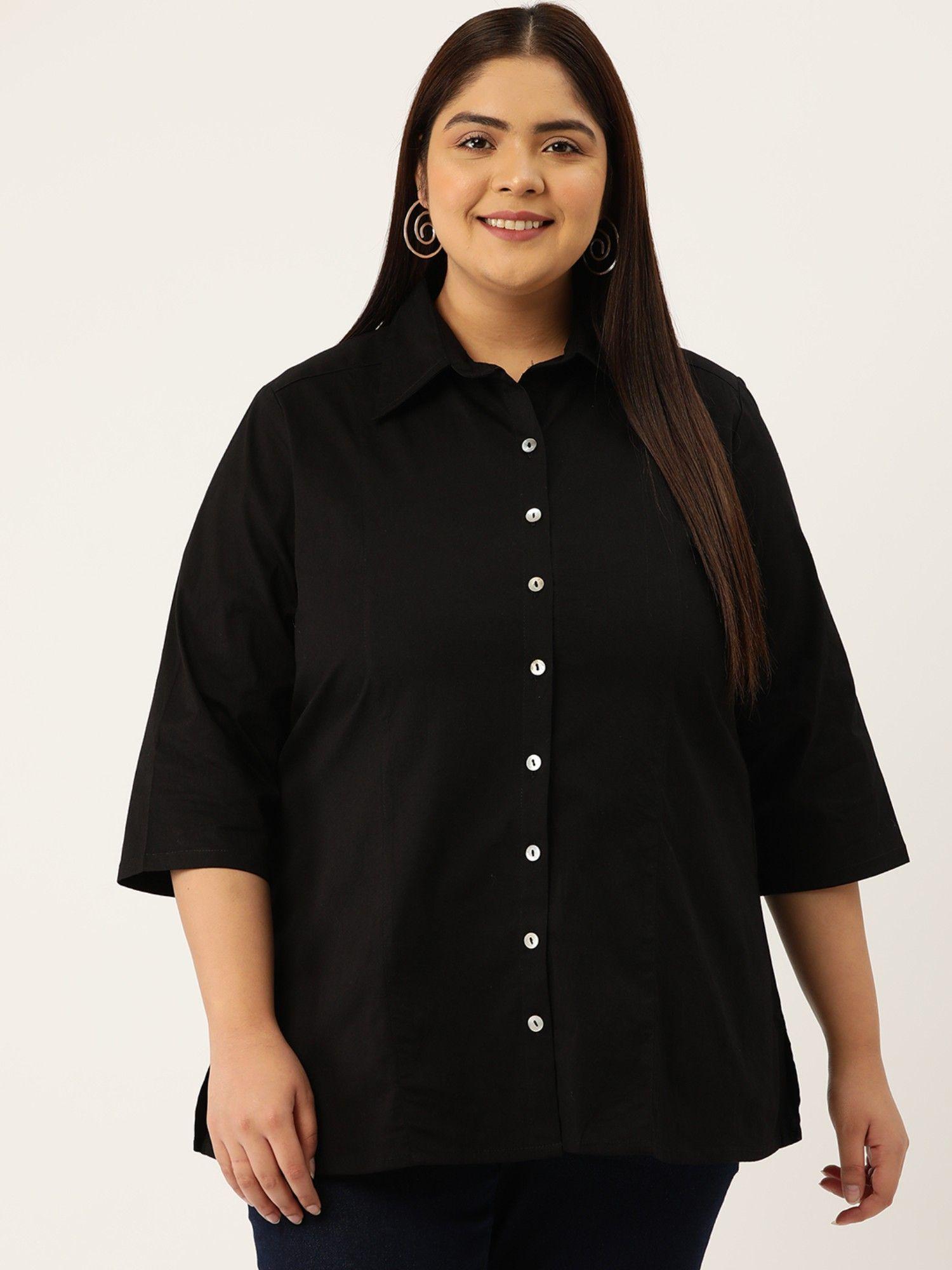 plus size womens black solid color button closure casual shirt