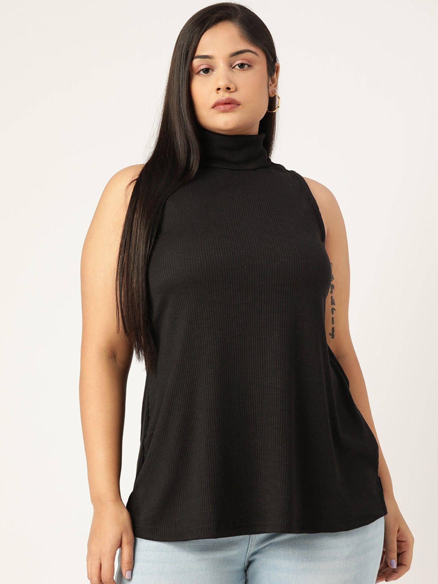 plus size womens black solid color cotton ribbed top