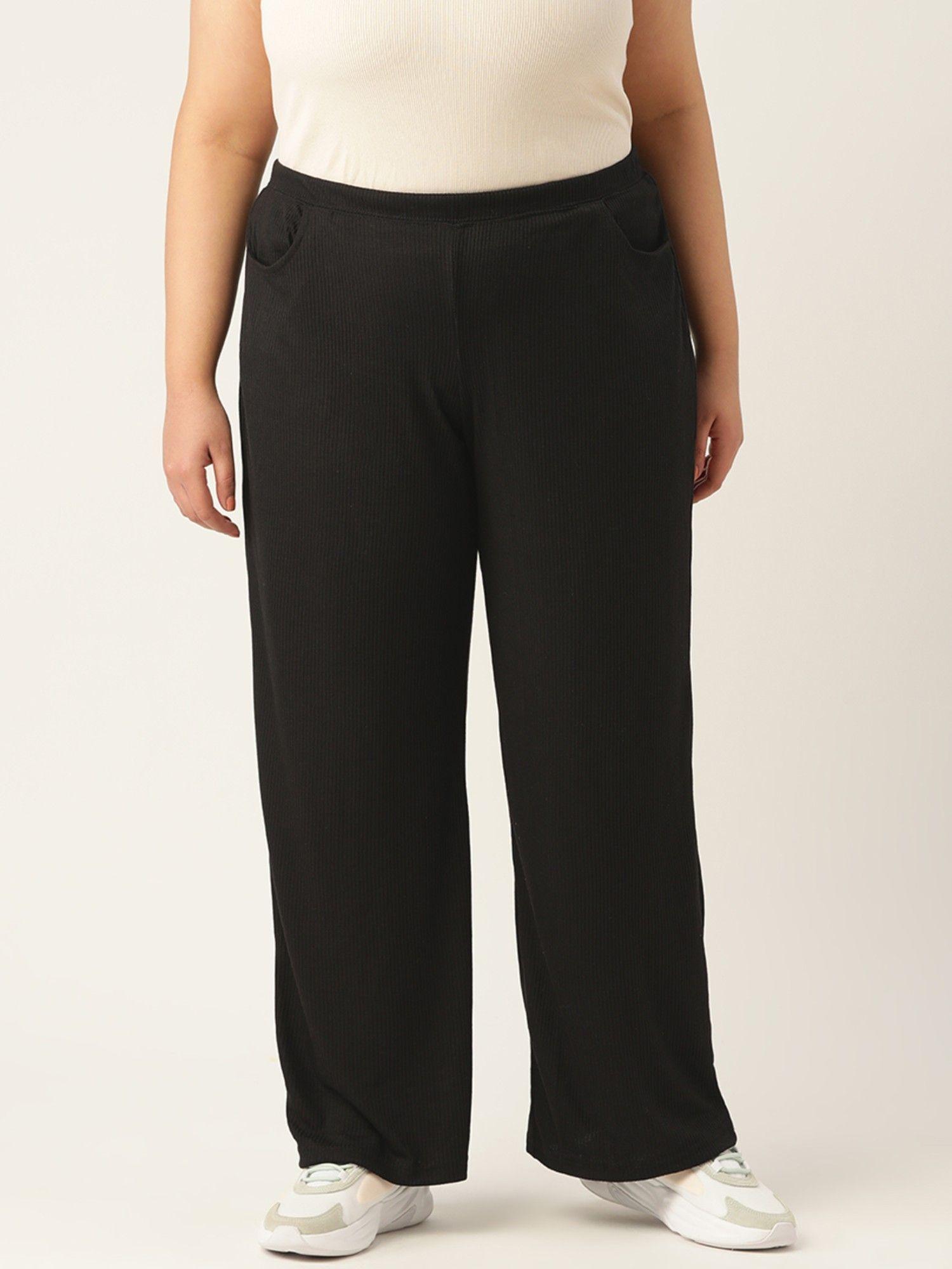 plus size womens black solid color cotton ribbed trouser