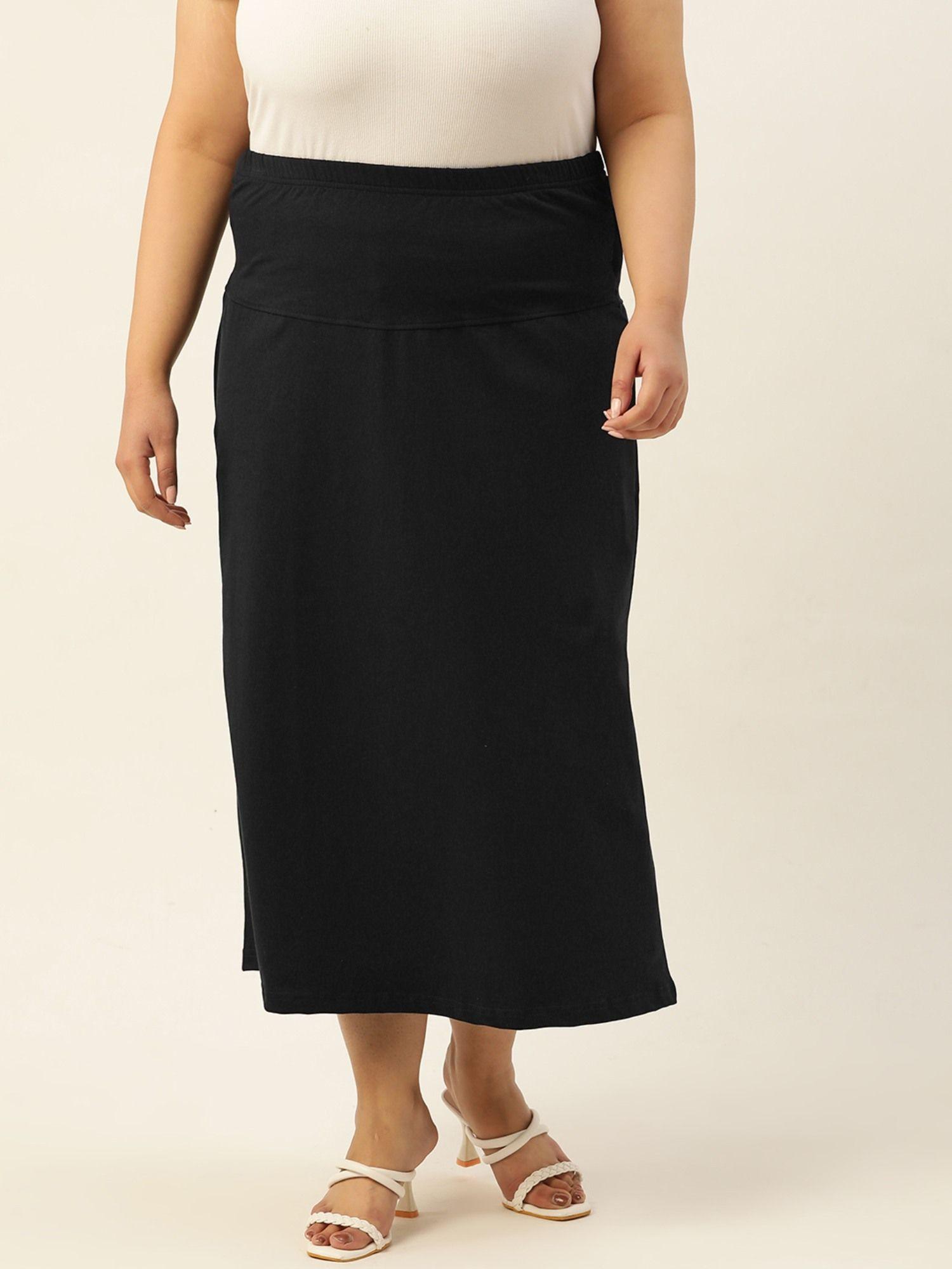 plus size womens black solid color elastic waist midi skirt