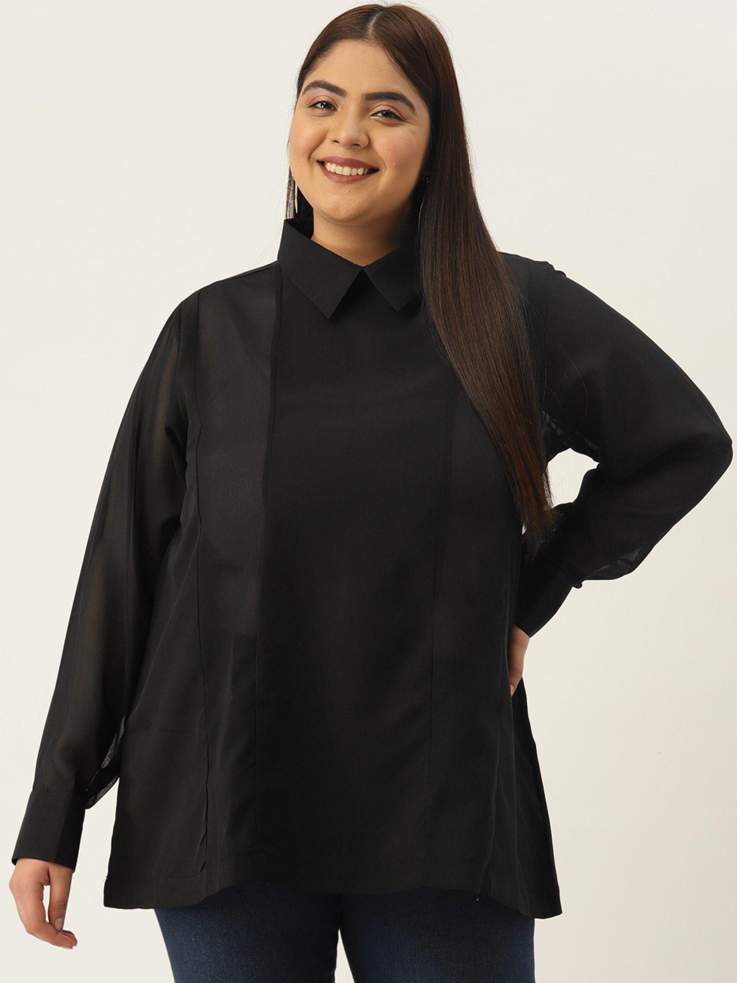 plus size womens black solid color georgette shirt collar longline top