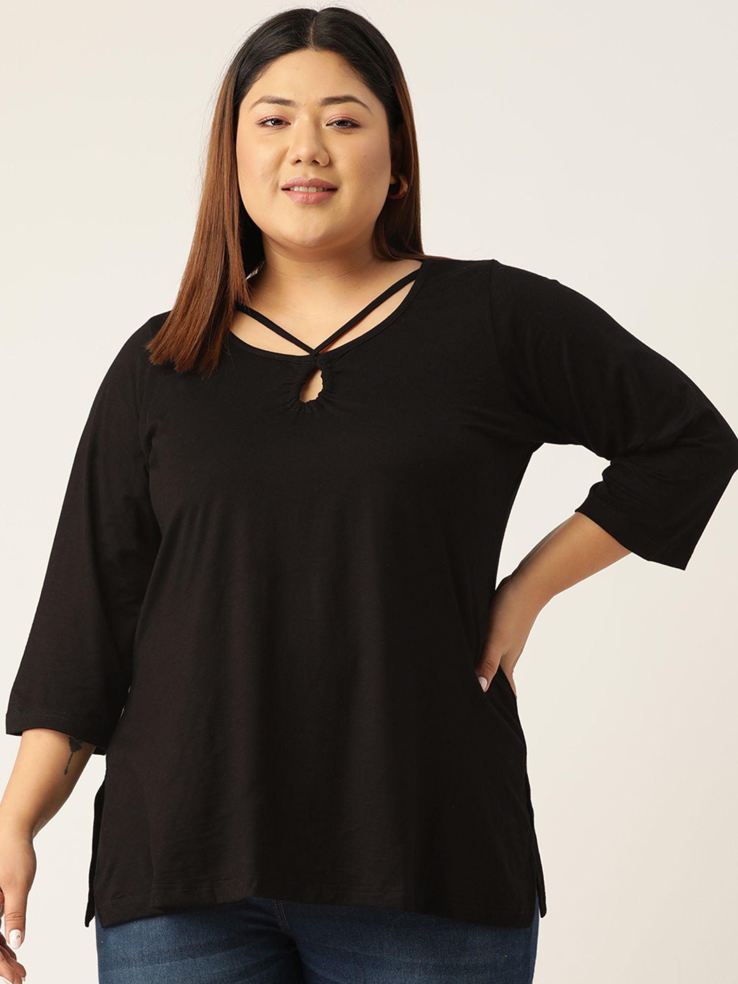 plus size womens black solid color keyhole neck knitted top