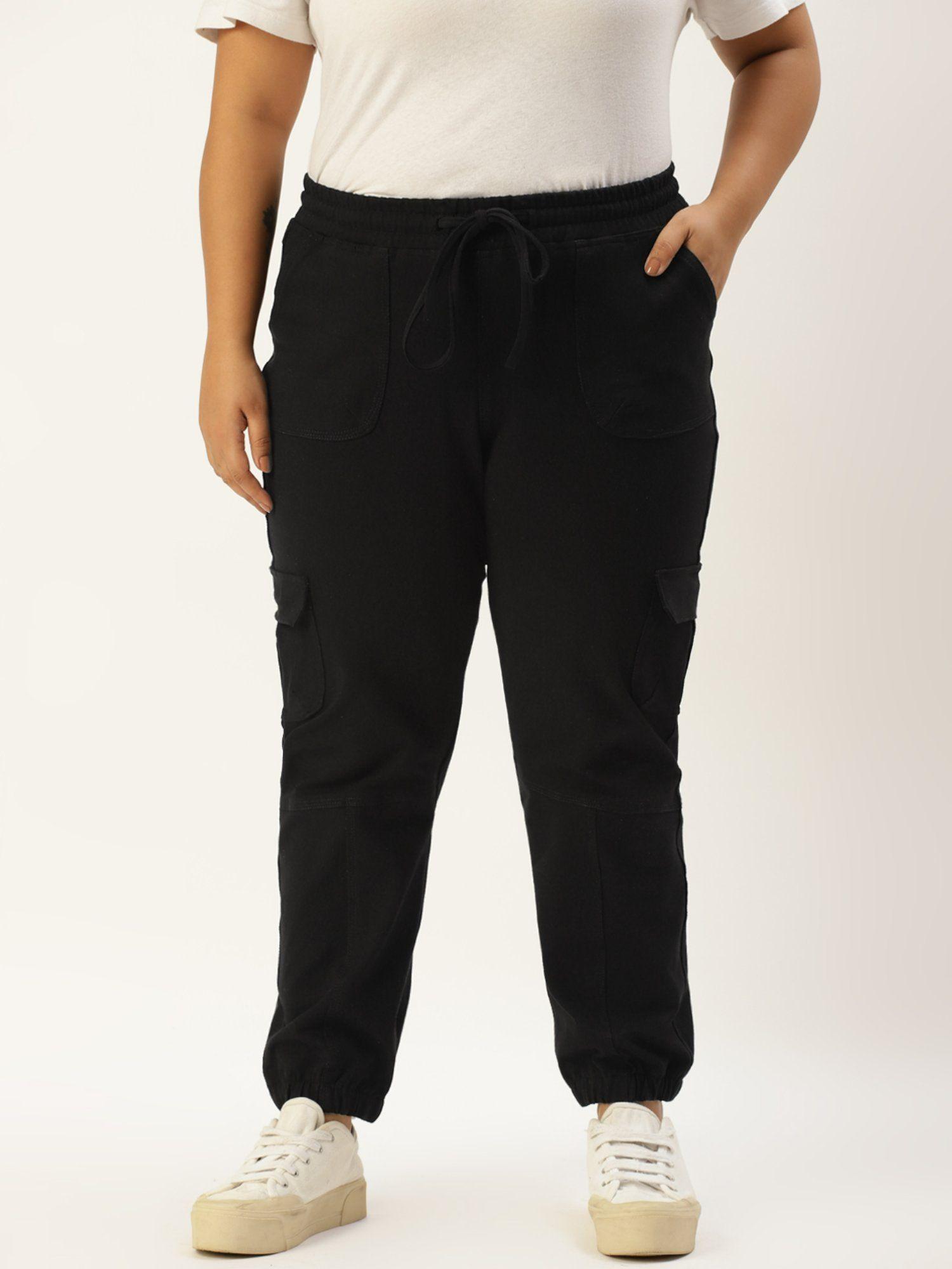 plus size womens black solid color knitted cargo trouser