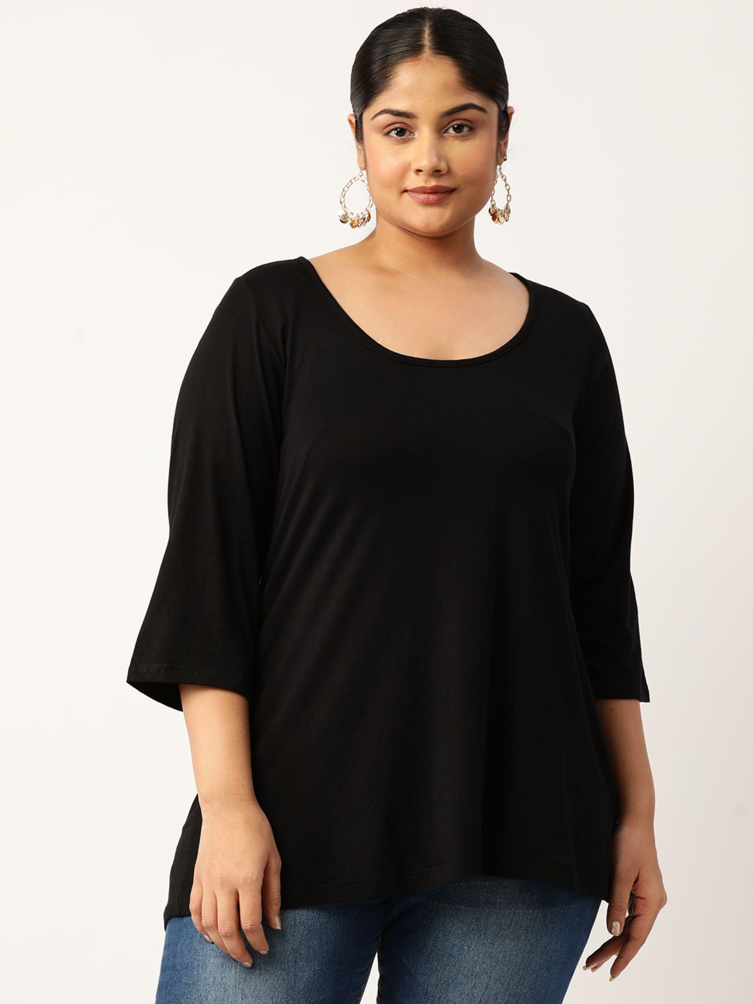 plus size womens black solid color knitted top with tie ups detail