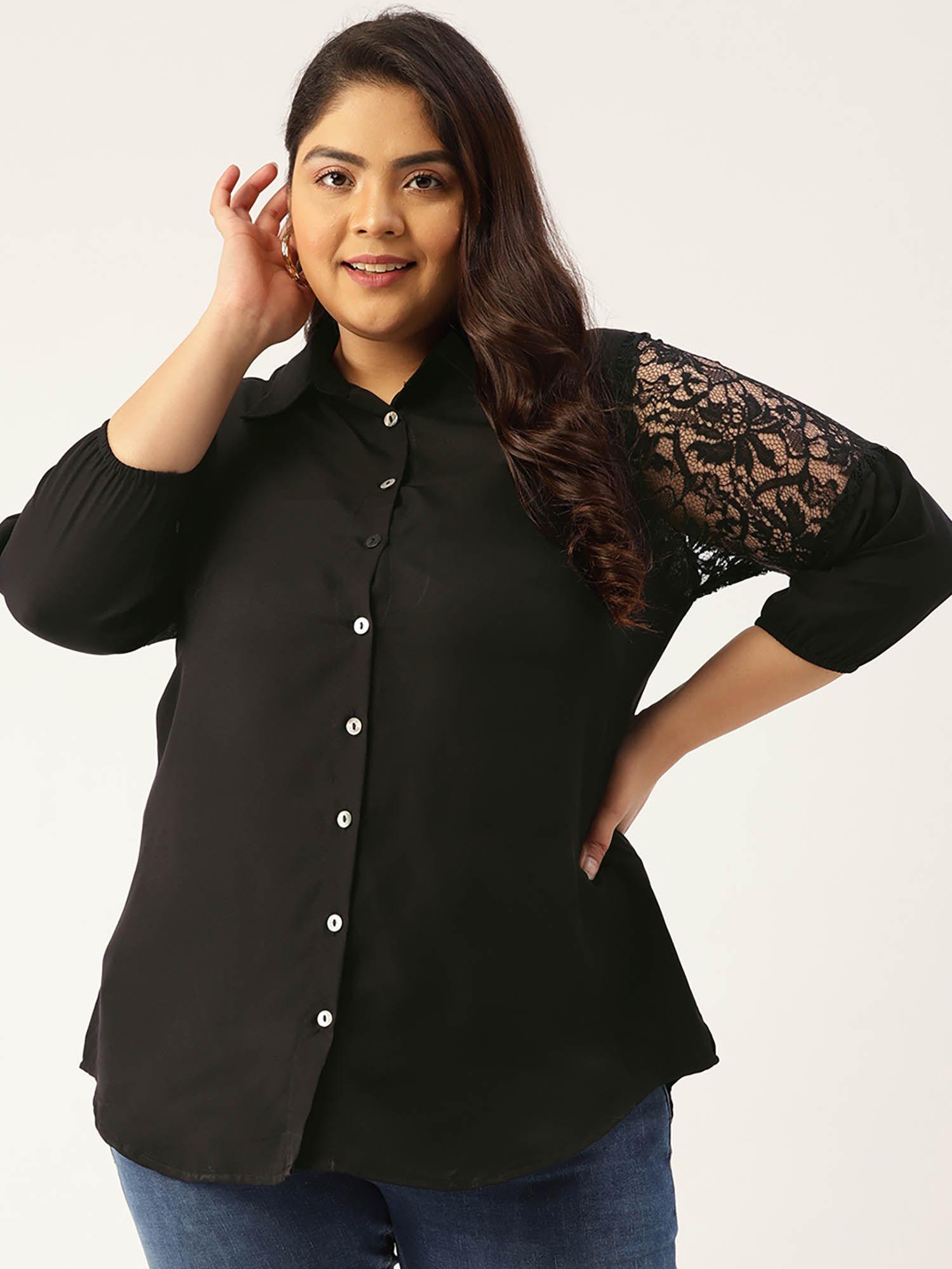 plus size womens black solid color lace detail shirt