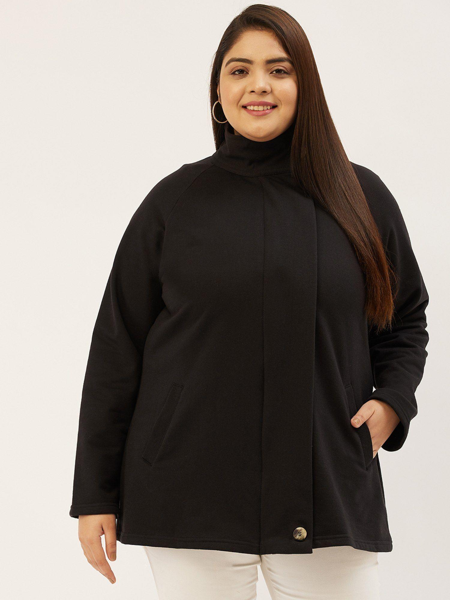 plus size womens black solid color longline tailored winter jacket