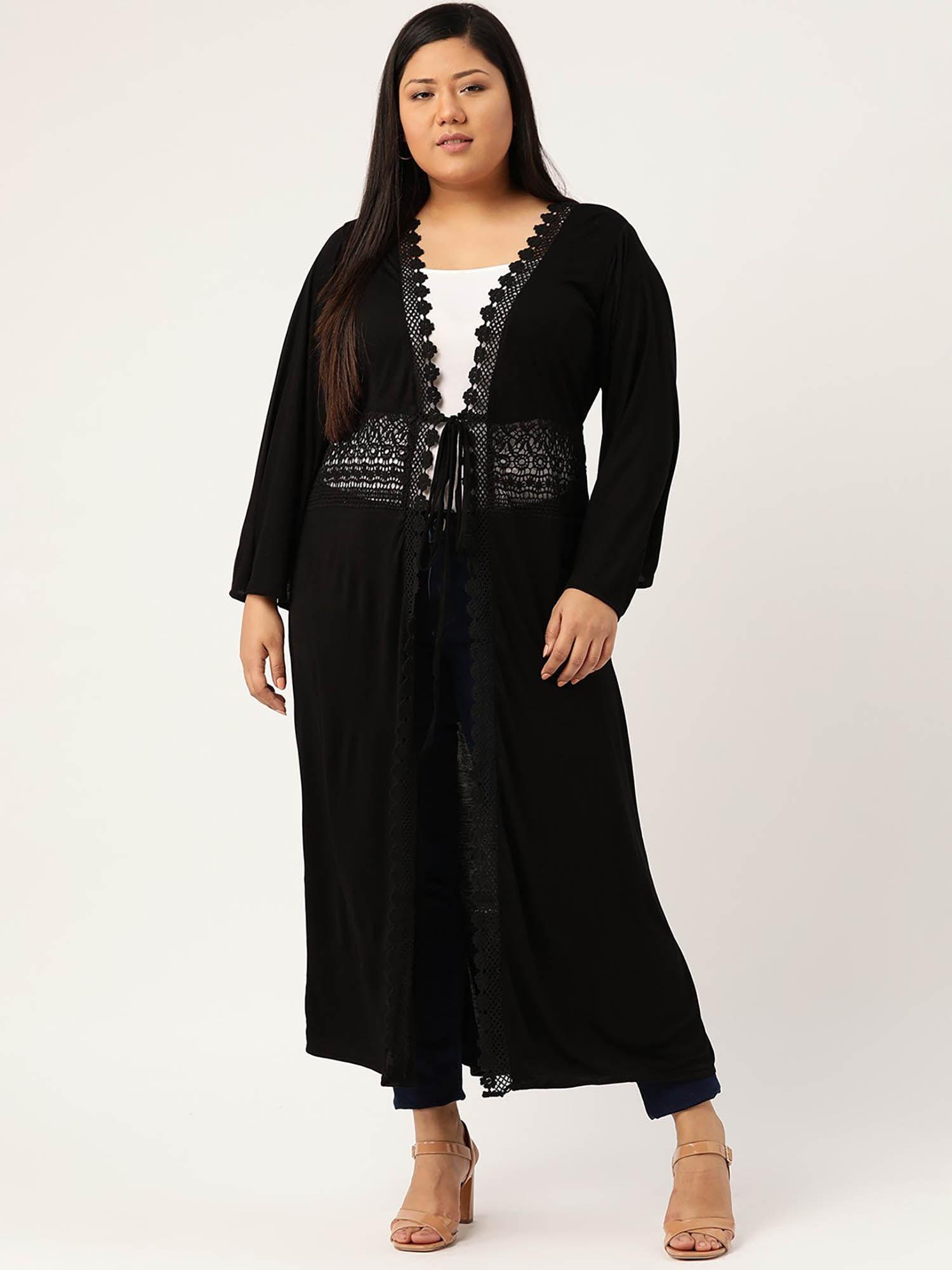 plus size womens black solid color longline tie-up shrug