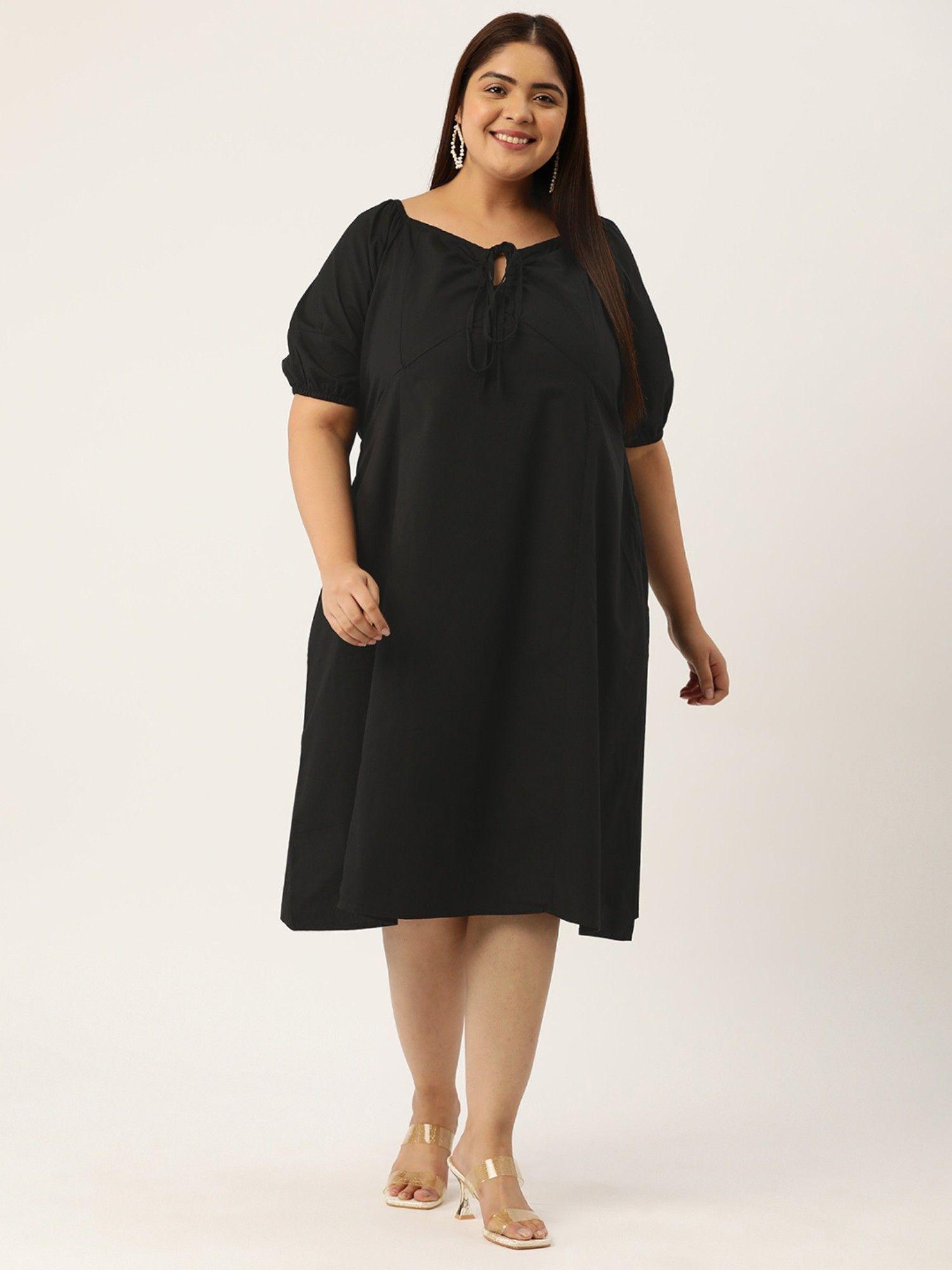 plus size womens black solid color neck tie-up cotton dress