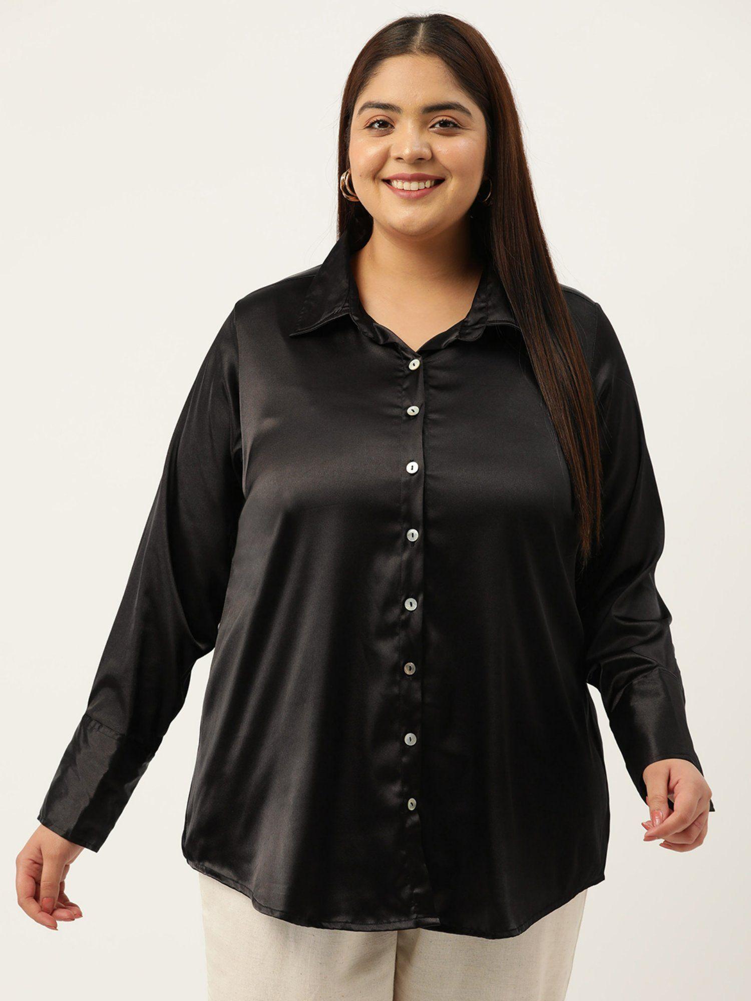 plus size womens black solid color party wear satin shirt