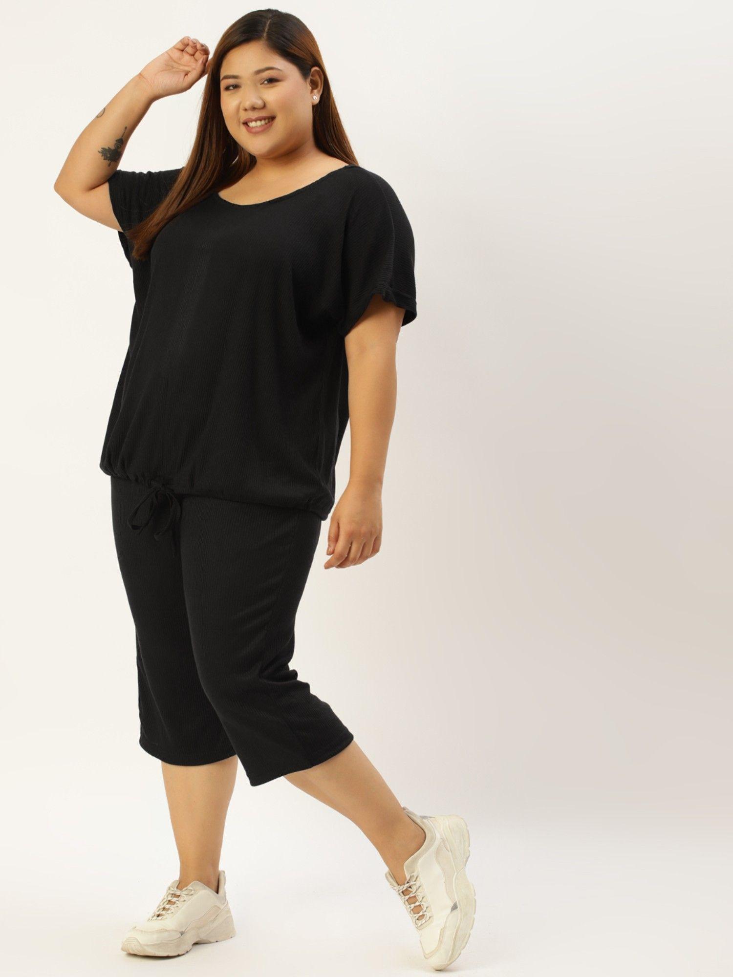 plus size womens black solid color ribbed top & capri set (set of 2)