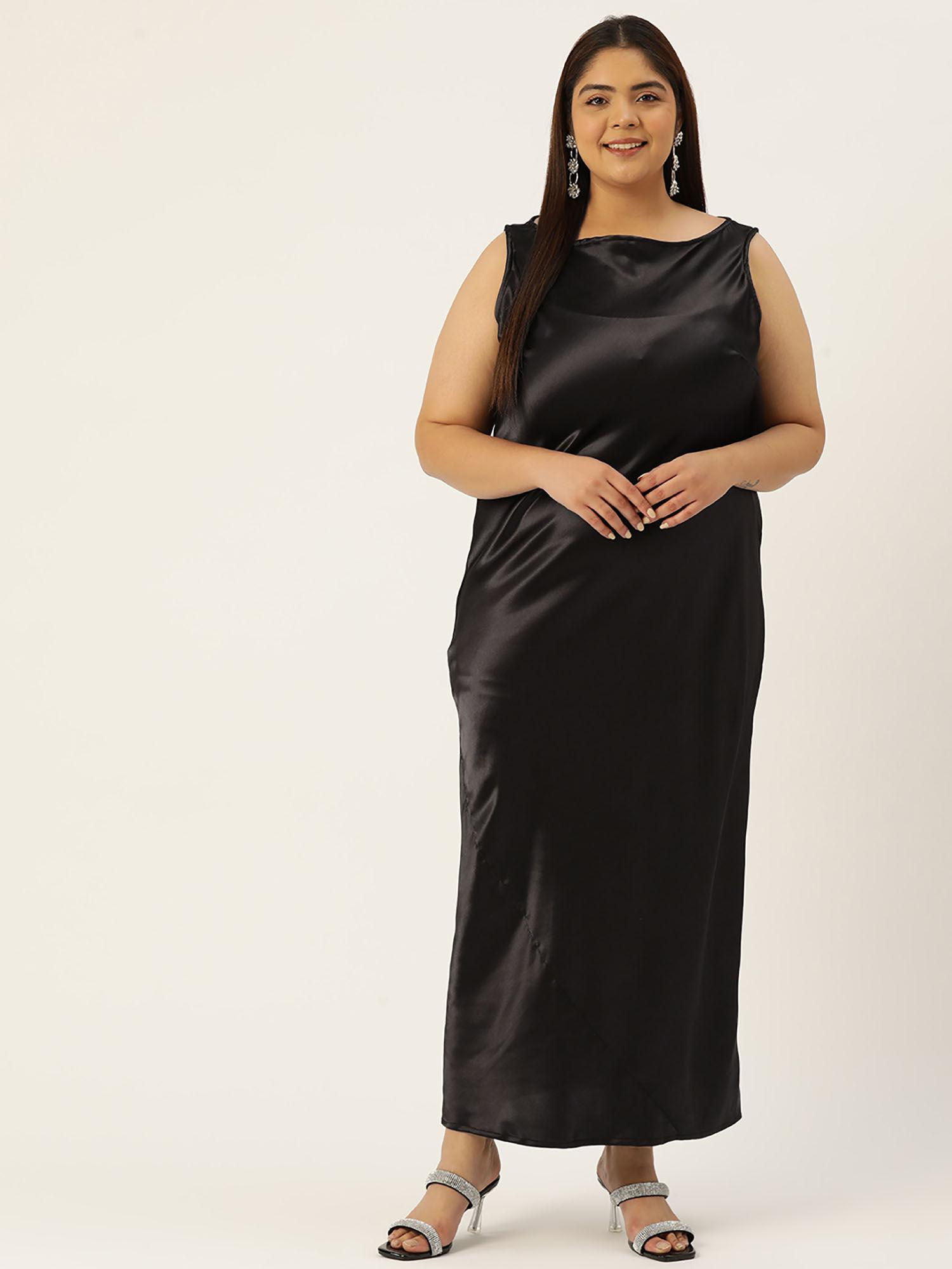 plus size womens black solid color satin sleeveless maxi dress