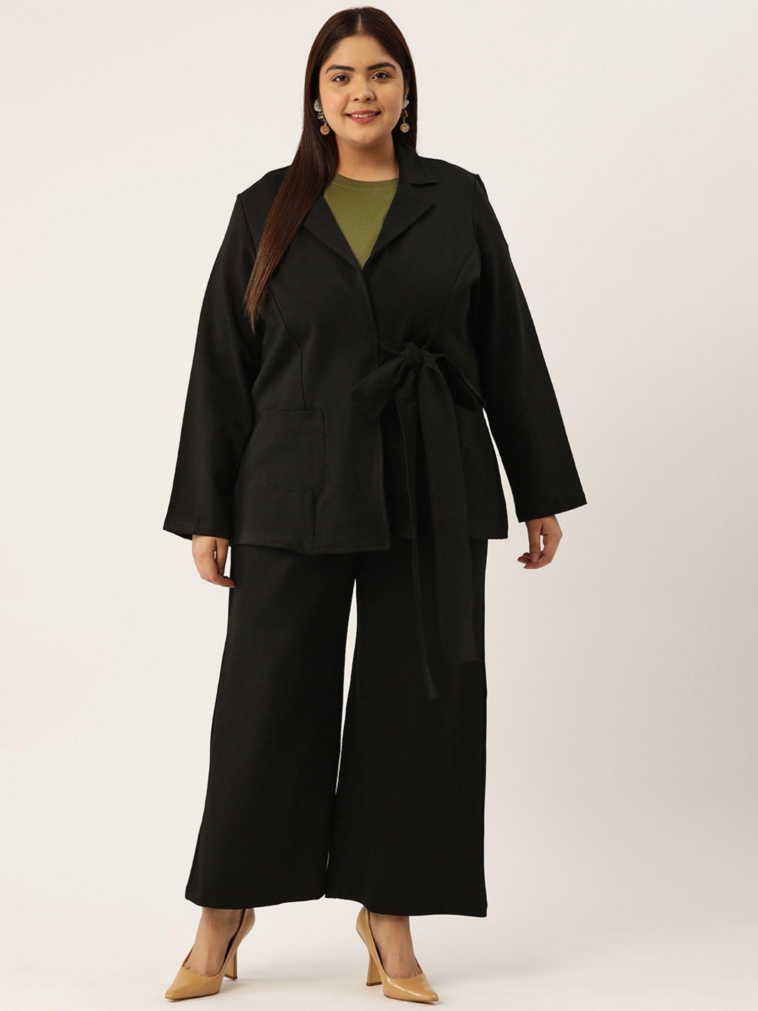 plus size womens black solid color shrug with flared trouser (set of 2)