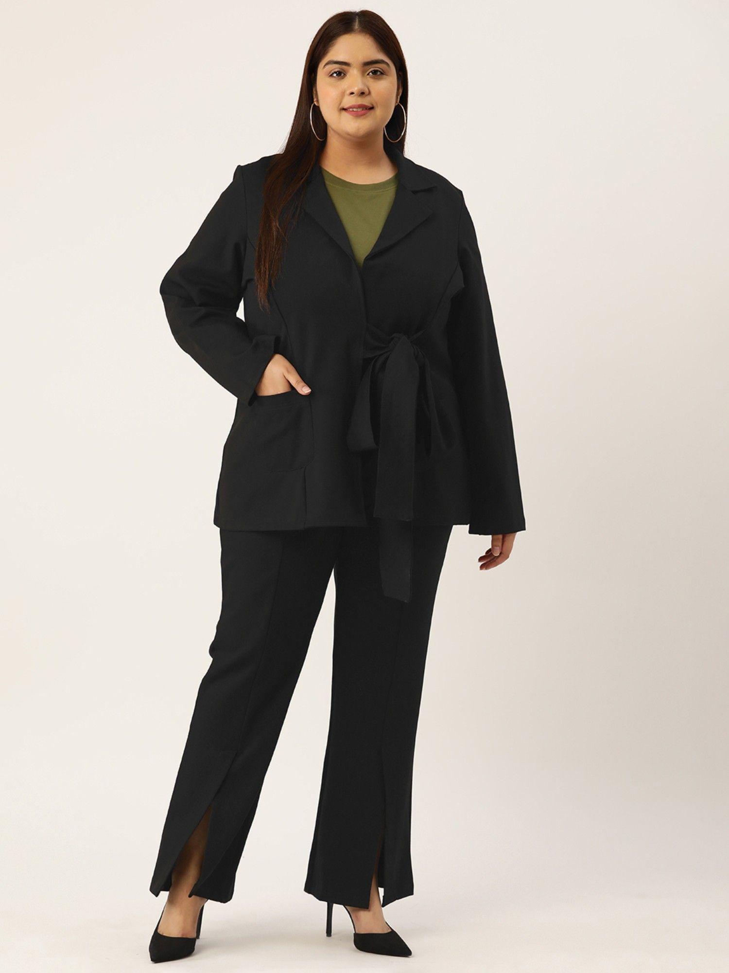 plus size womens black solid color shrug with pleated trouser (set of 2)