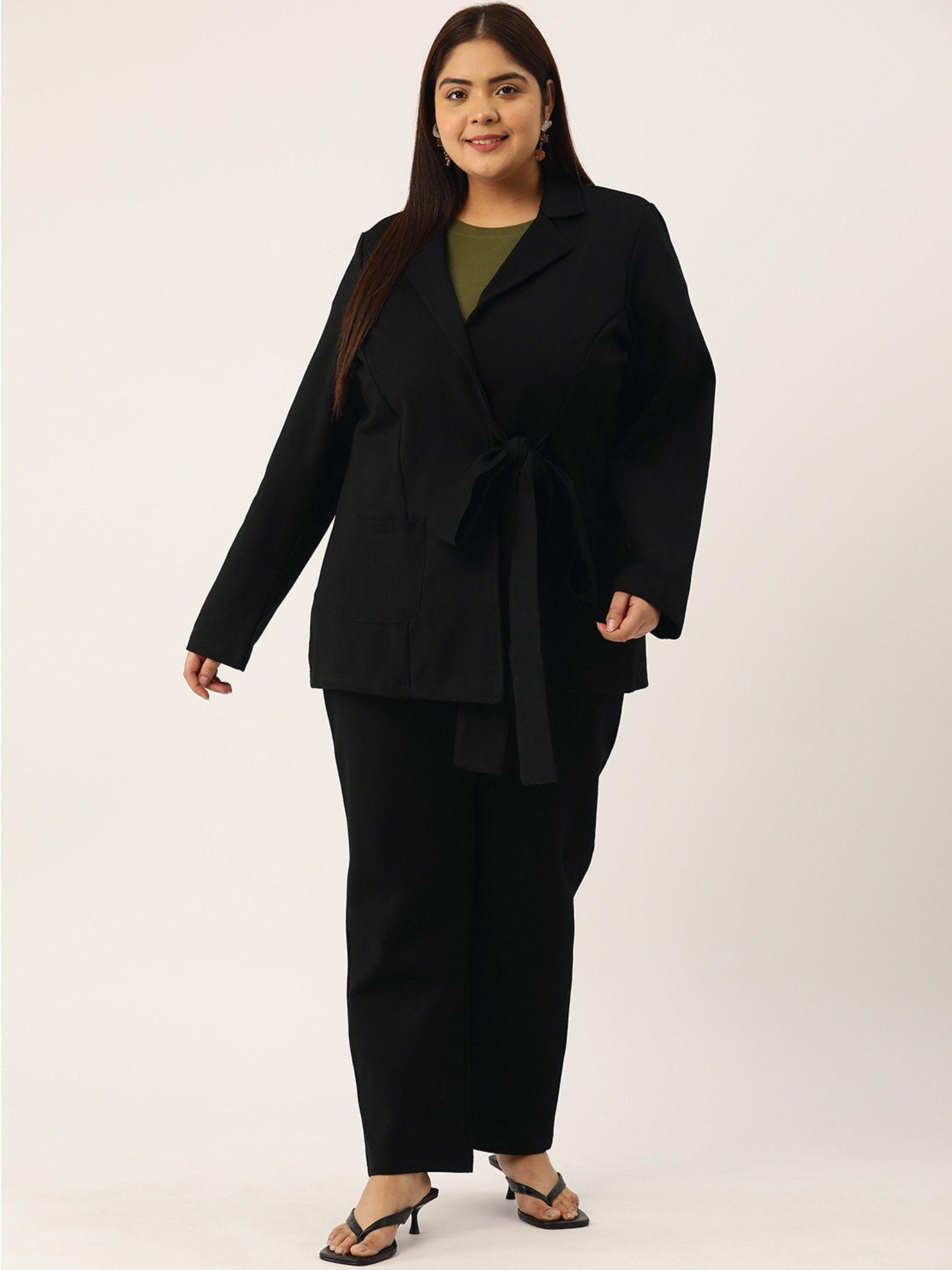 plus size womens black solid color shrug with trouser (set of 2)