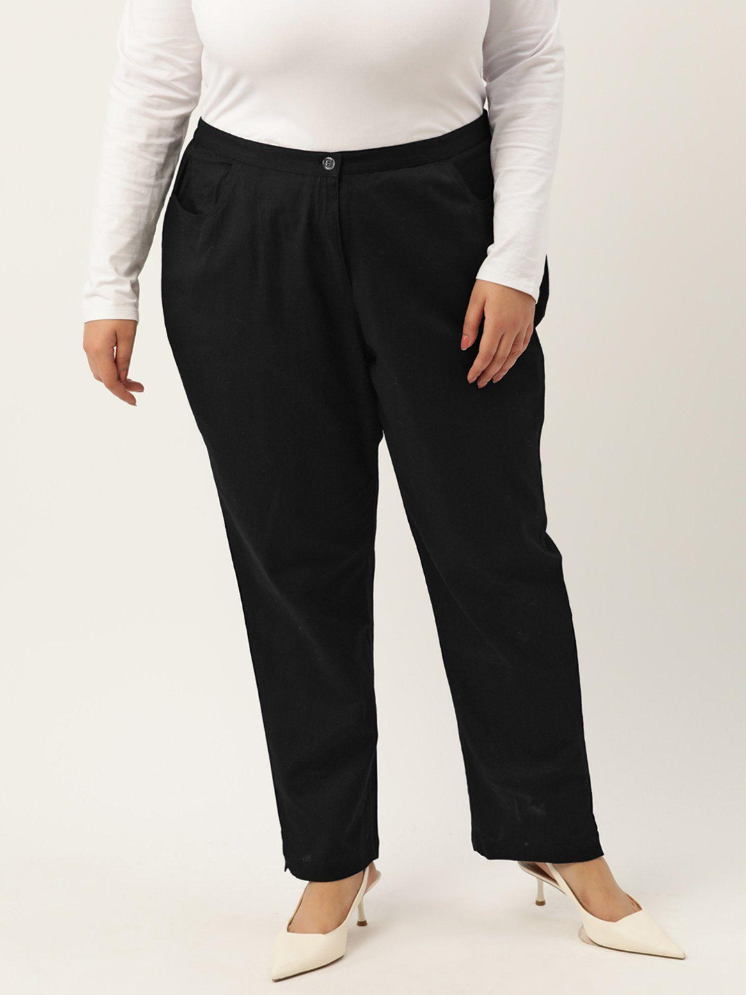 plus size womens black solid color tapered linen trousers