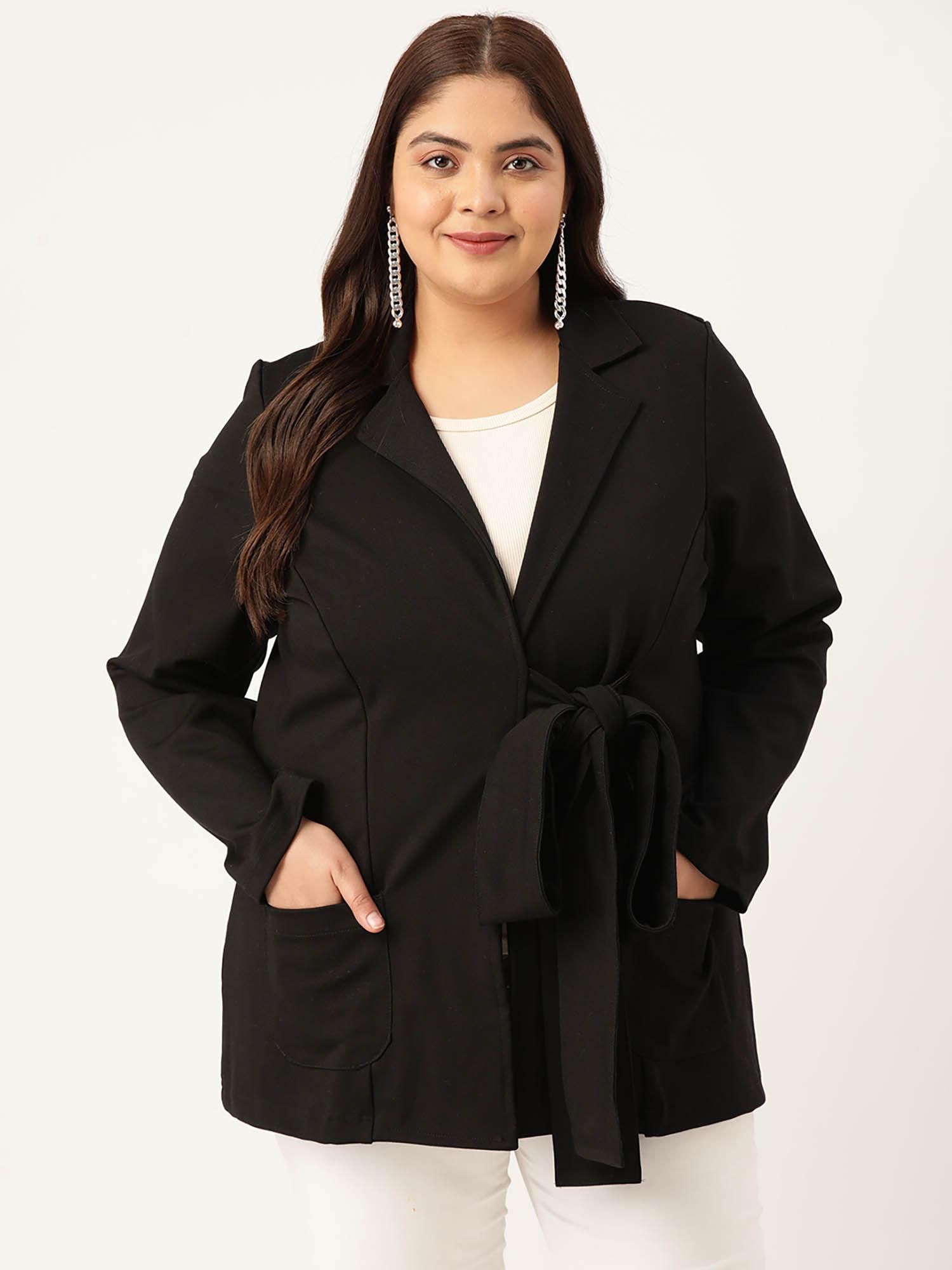 plus size womens black solid color tie-up shrug