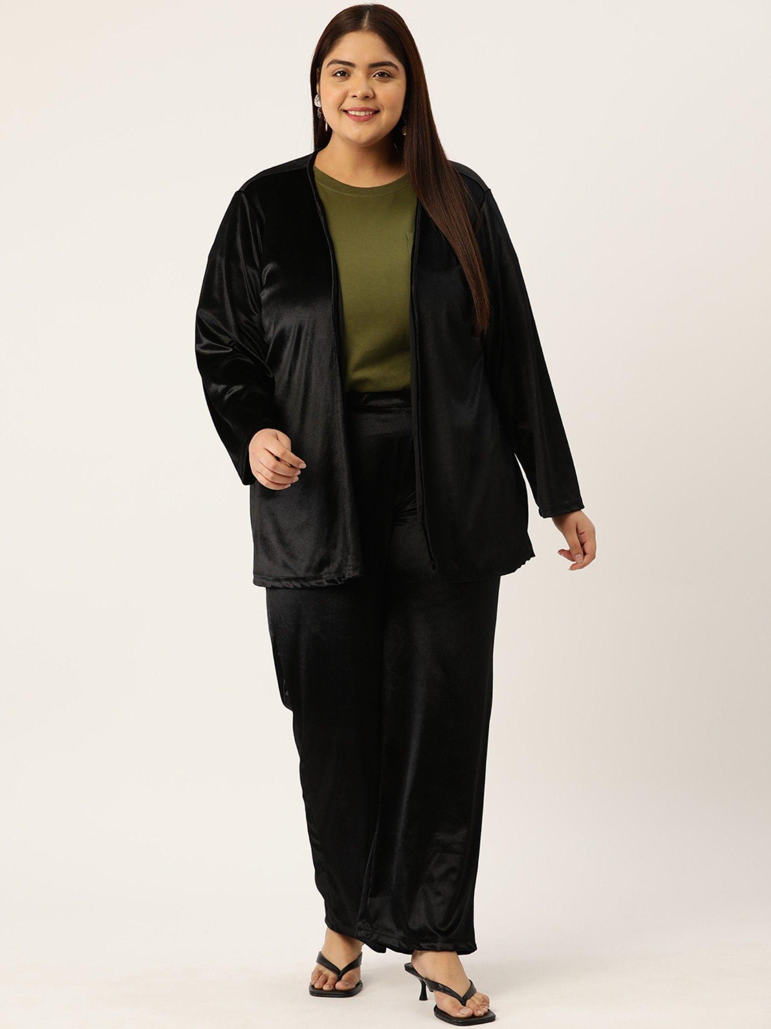 plus size womens black solid color velvet shrug with trouser (set of 2)