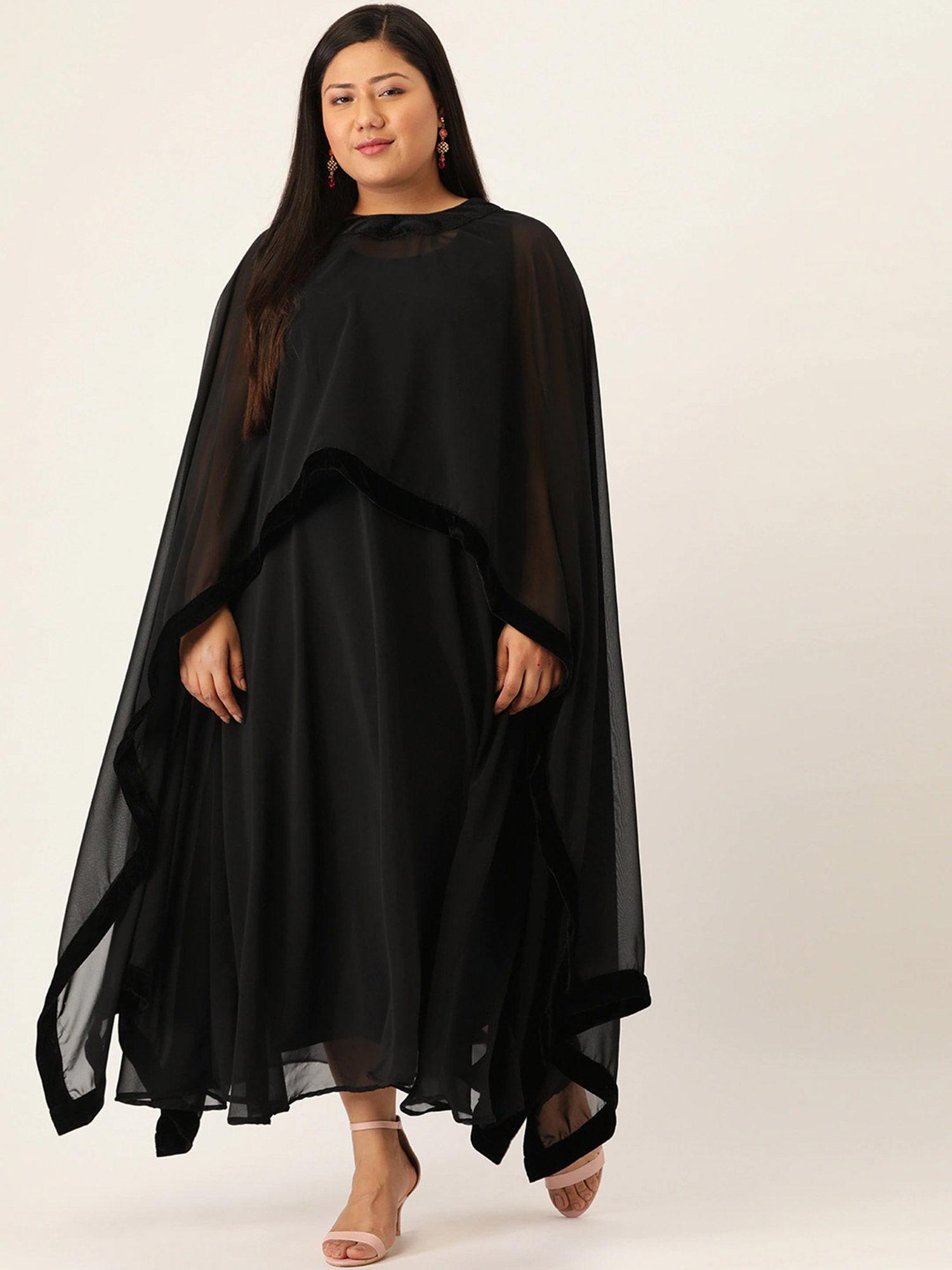 plus size womens black solid colour maxi dress with cape layer