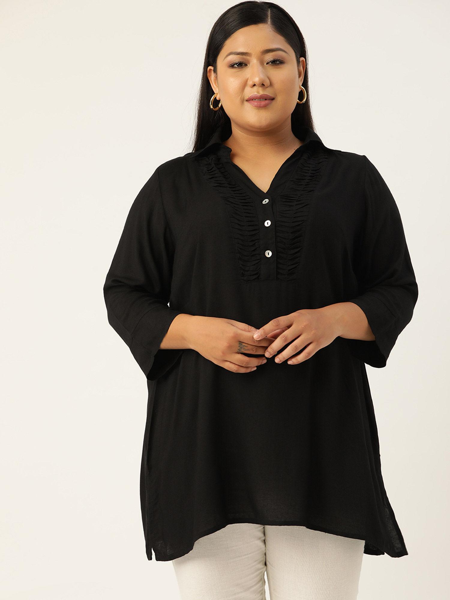 plus size womens black solid colour shirt collar tunic top