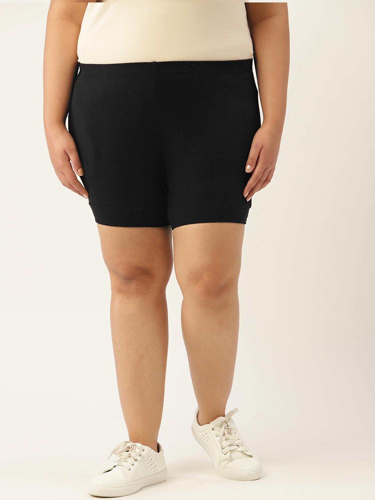 plus size womens black solid cotton yoga shorts