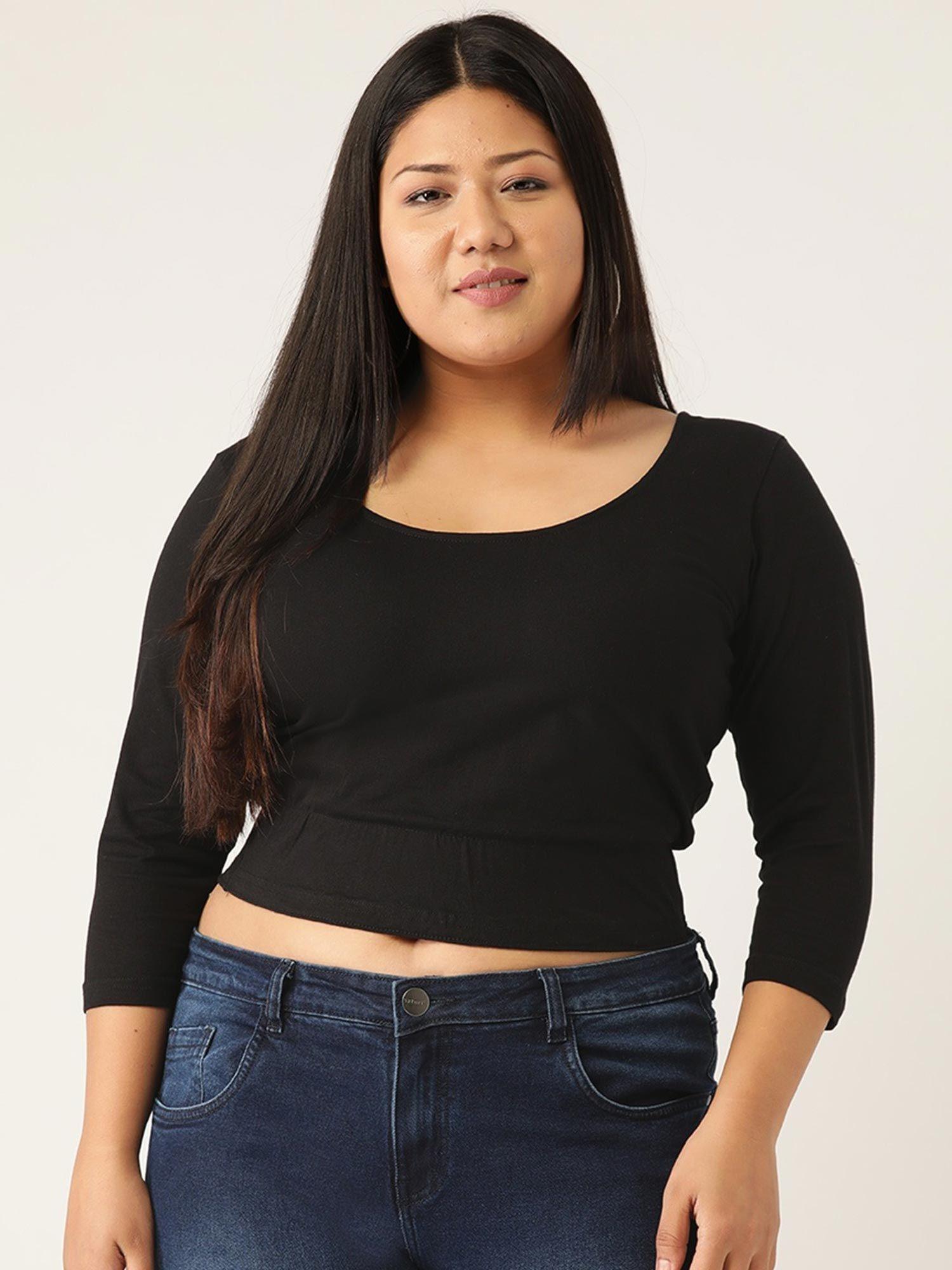 plus size womens black solid crop fitted top