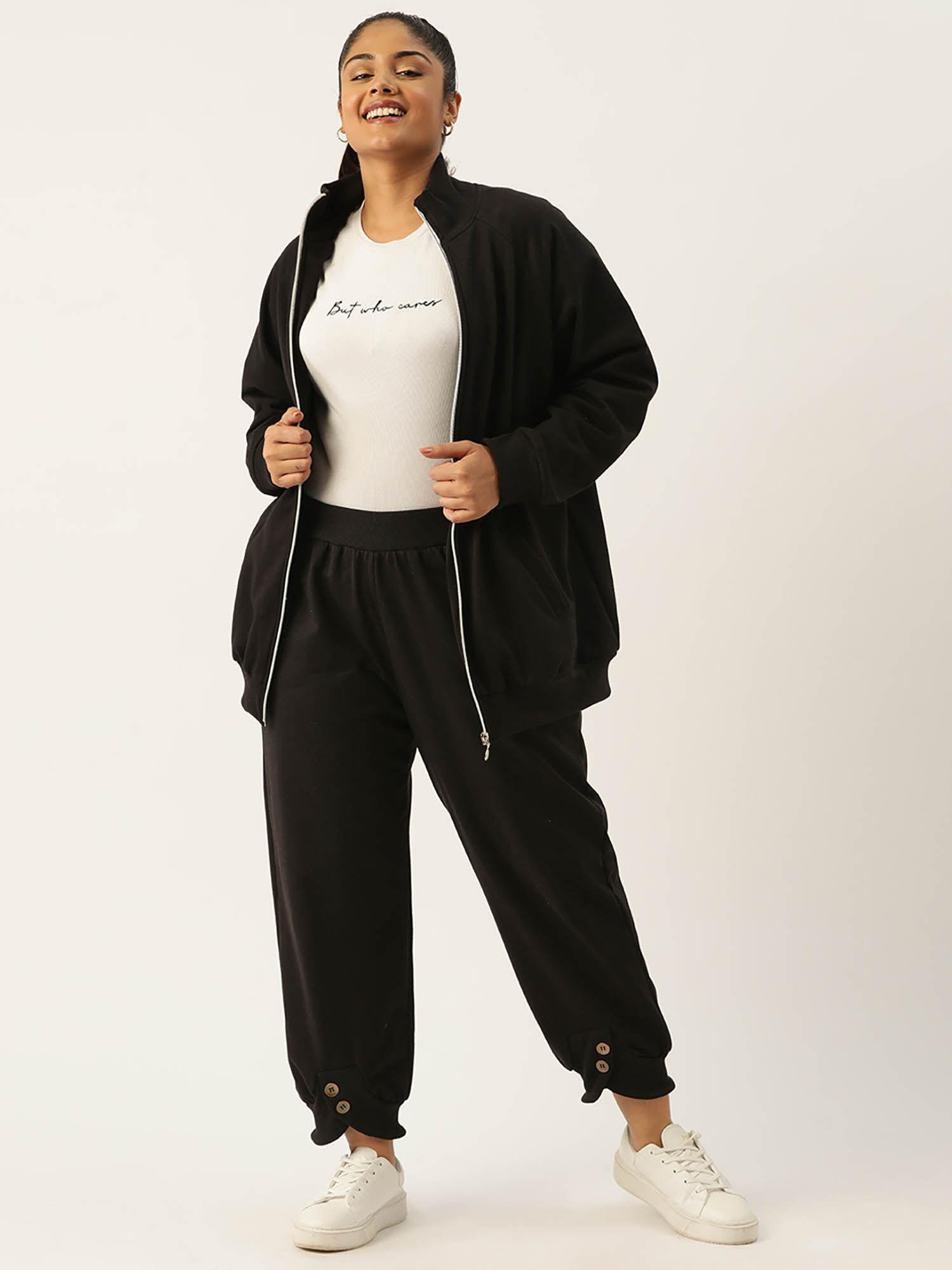 plus size womens black solid high neck sweatshirt with trousers (set of 2)