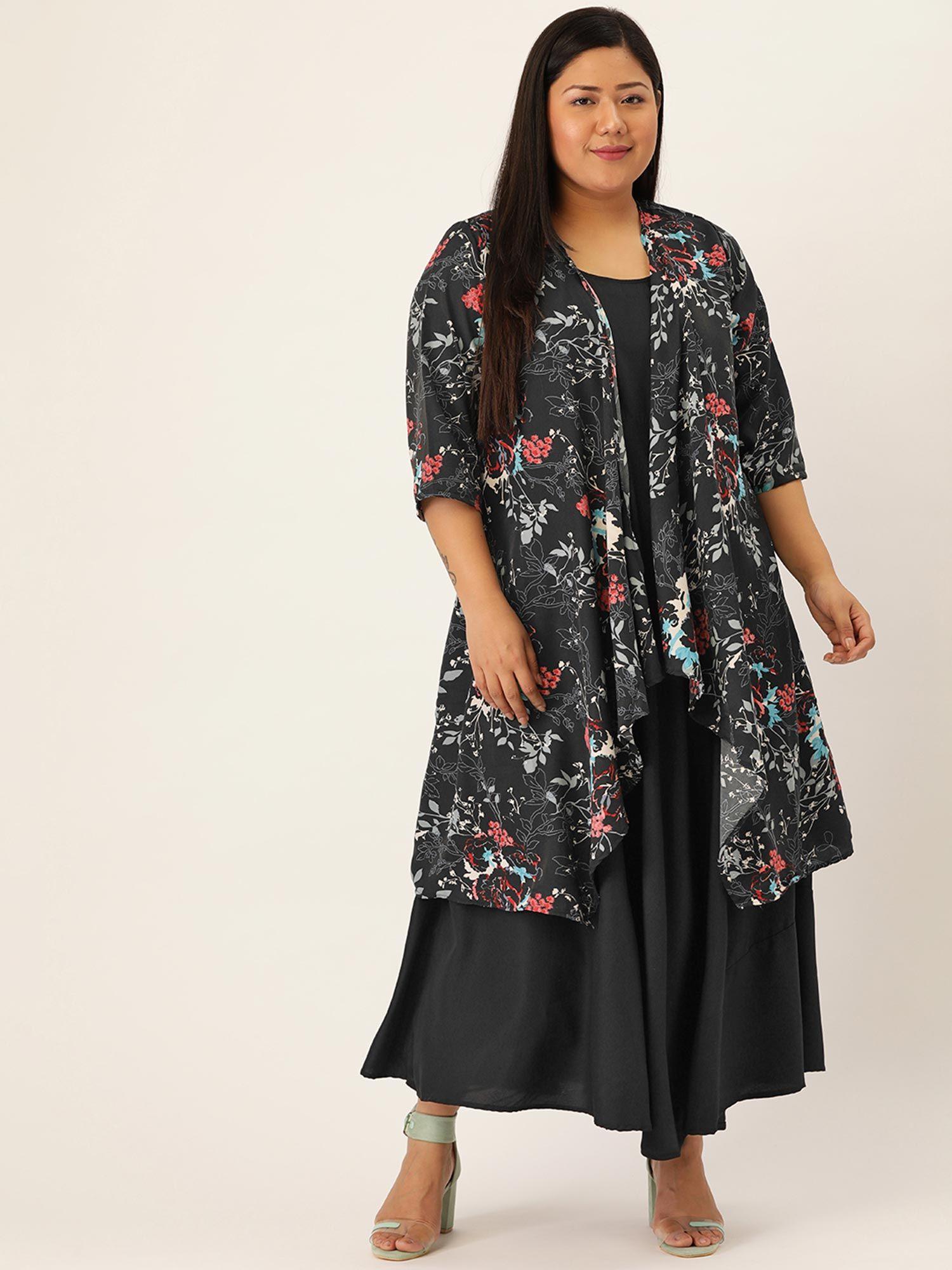 plus size womens black solid maxi dress with floral shrug (set of 2)