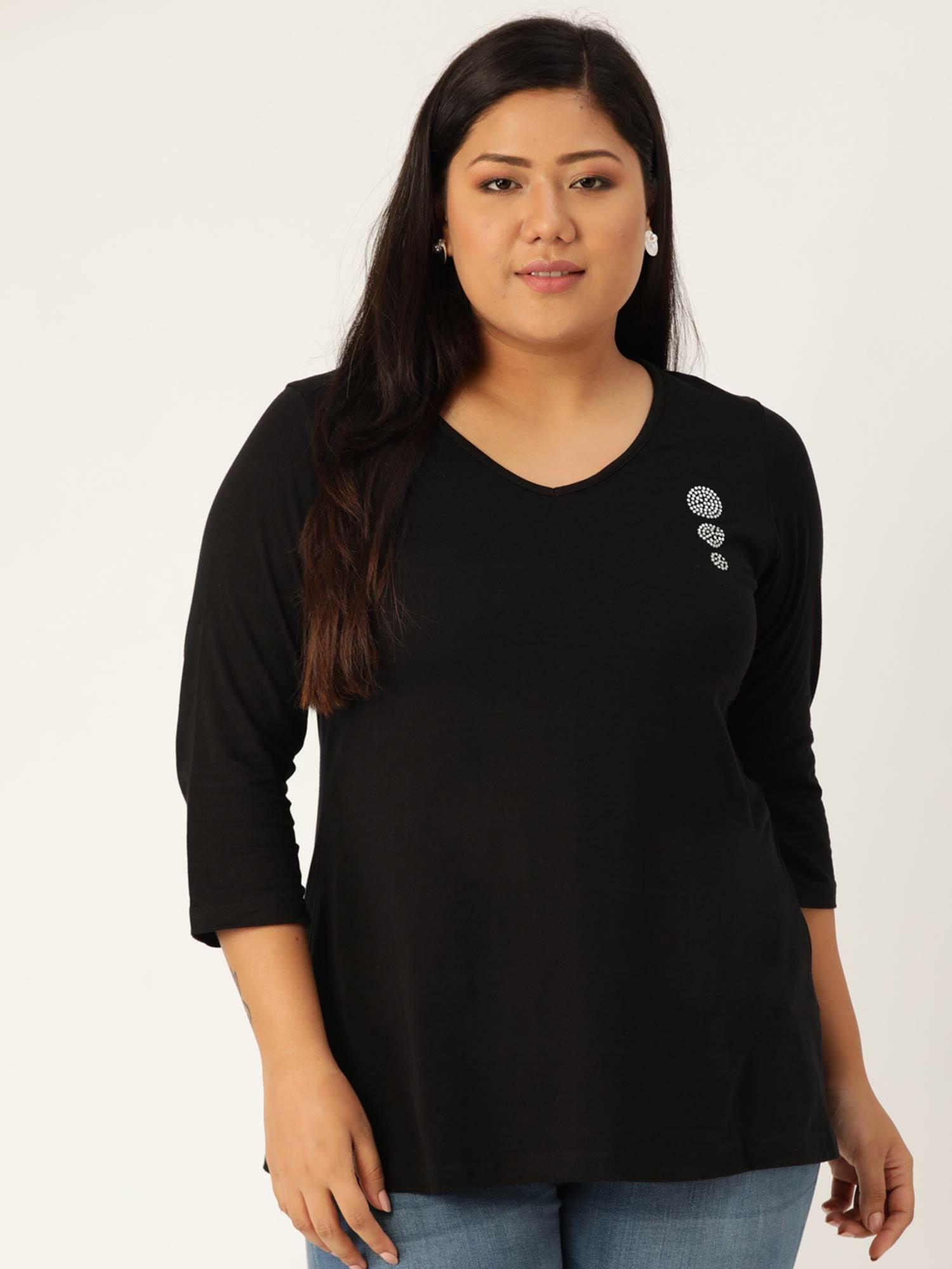 plus size womens black solid v-neck 3/4th sleeve t-shirt