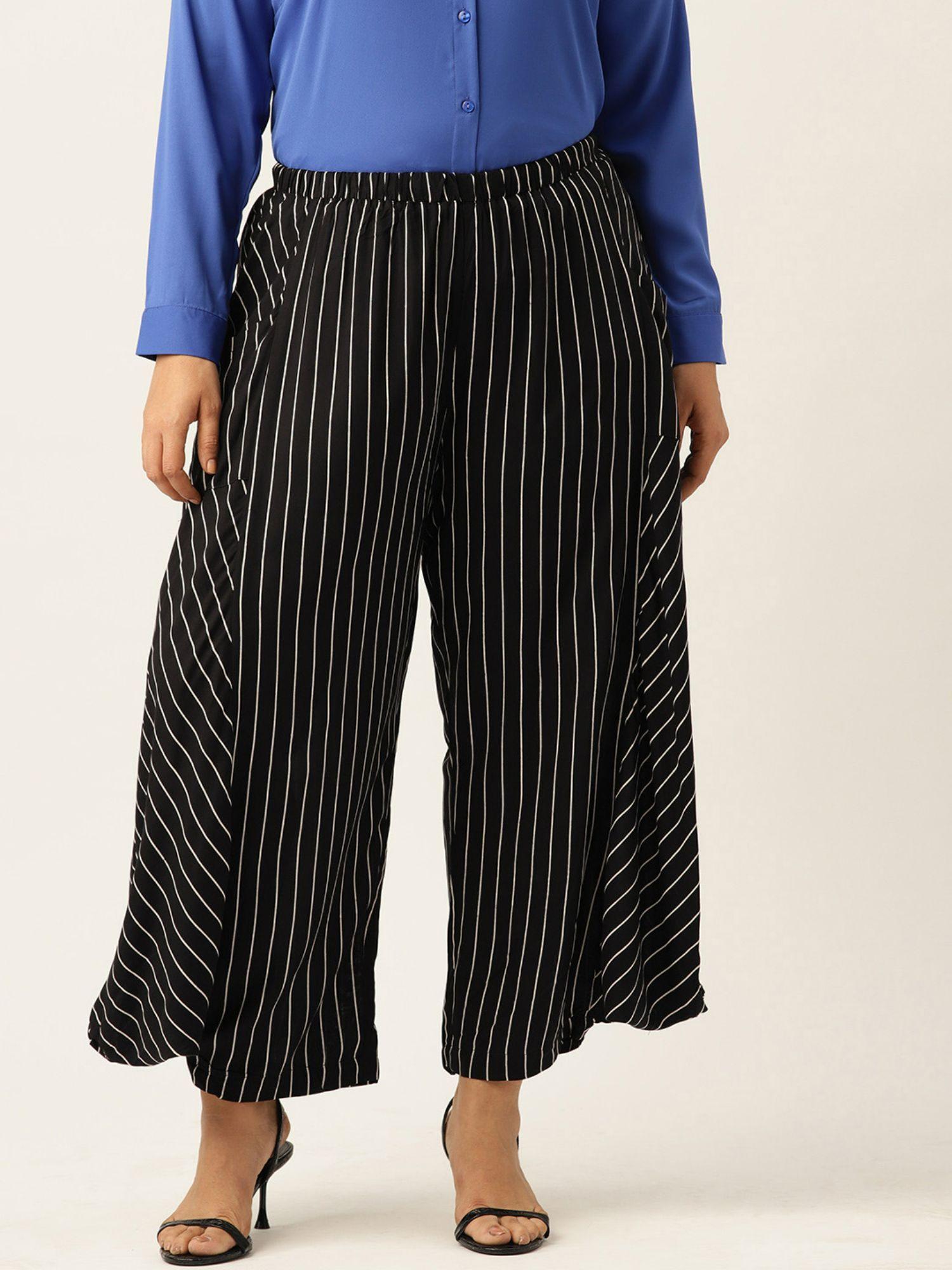 plus size womens black striped loose fit cotton trouser