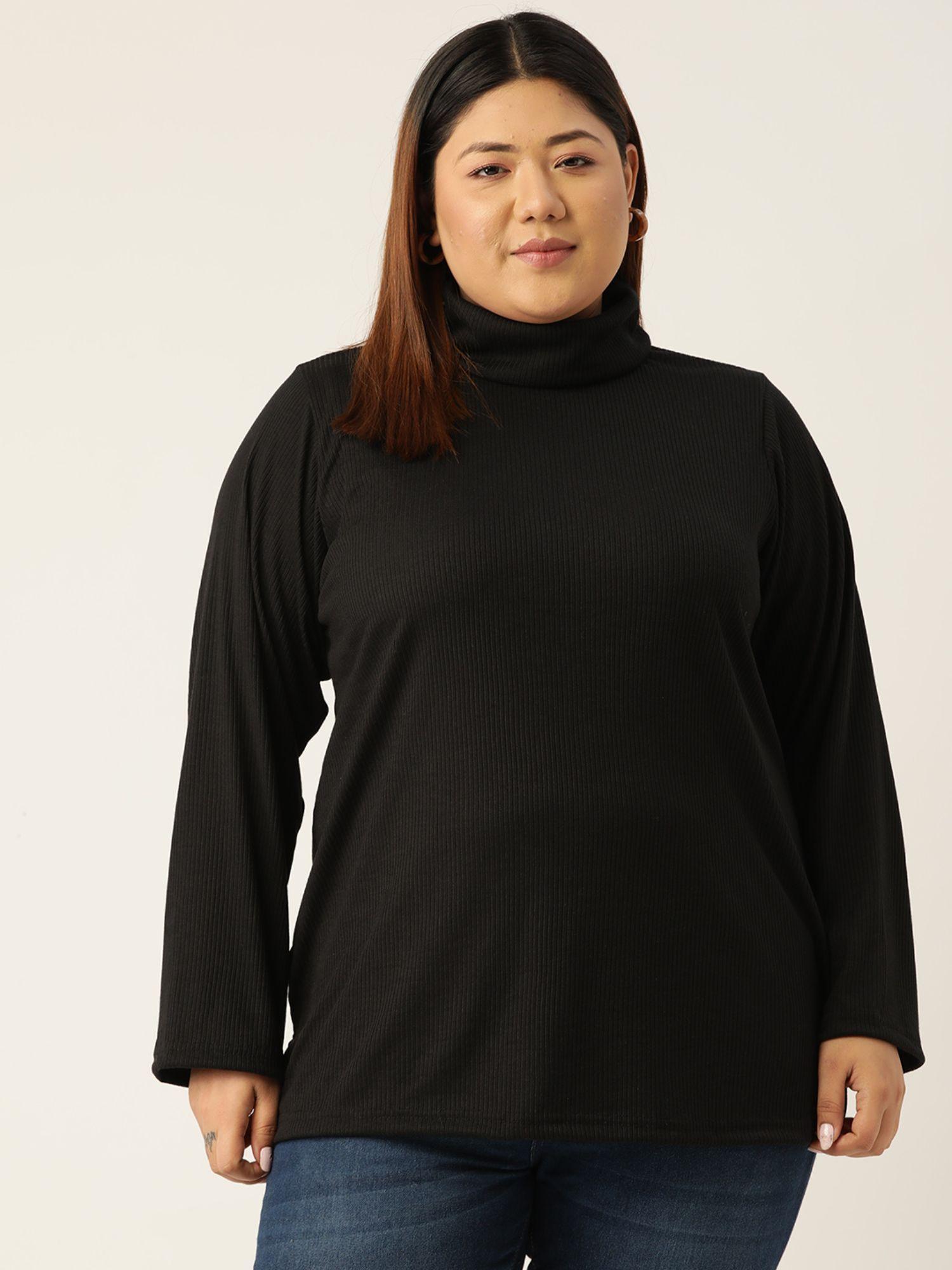 plus size womens black textured color high neck cotton top