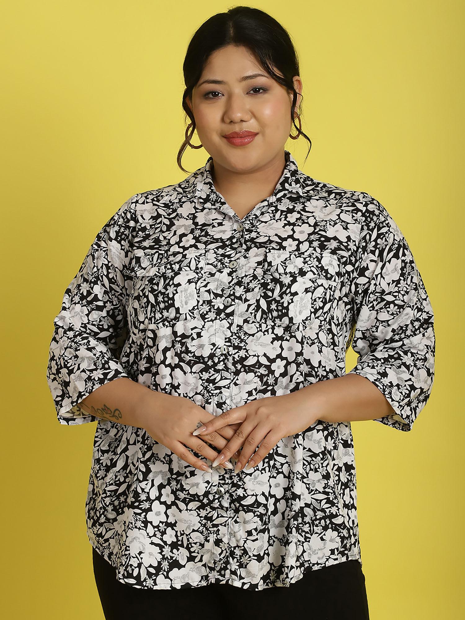 plus size womens black white floral printed casual shirt