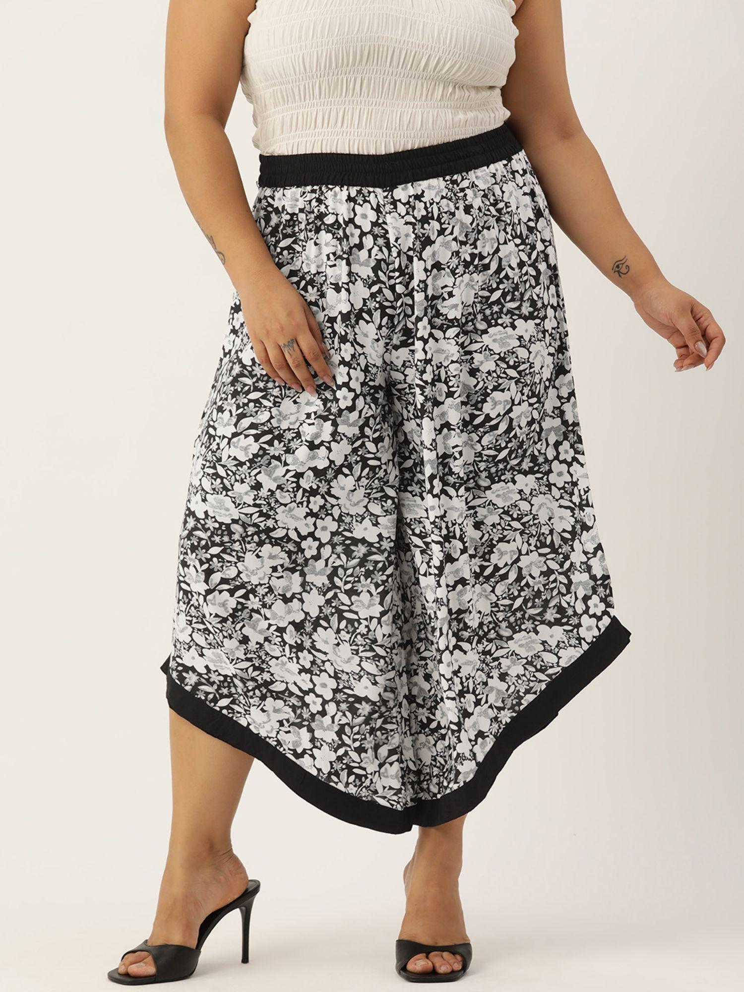 plus size womens black white floral printed high-rise relaxed culottes