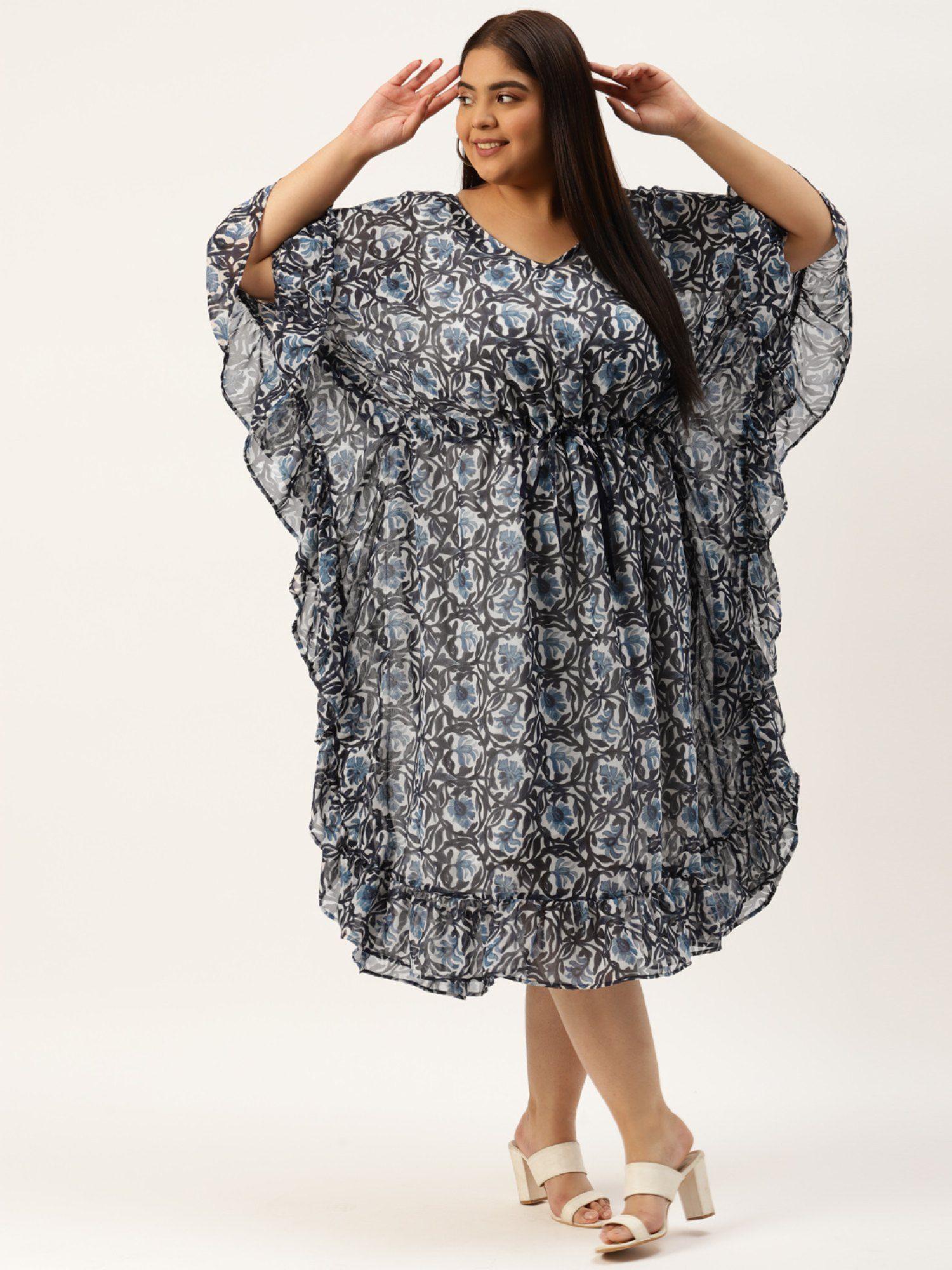 plus size womens blue & black floral printed georgette kaftan midi dress