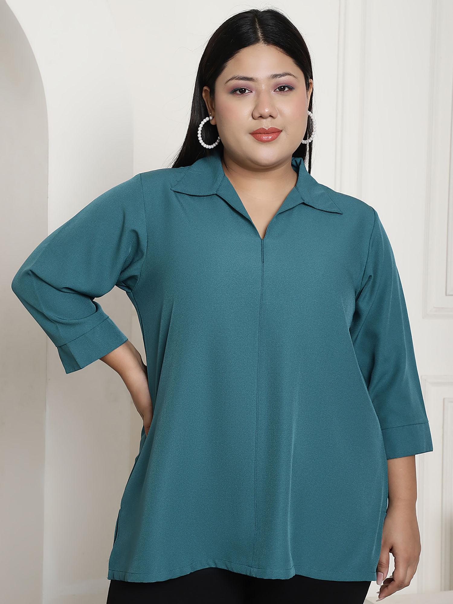 plus size womens blue solid color shirt style longline top