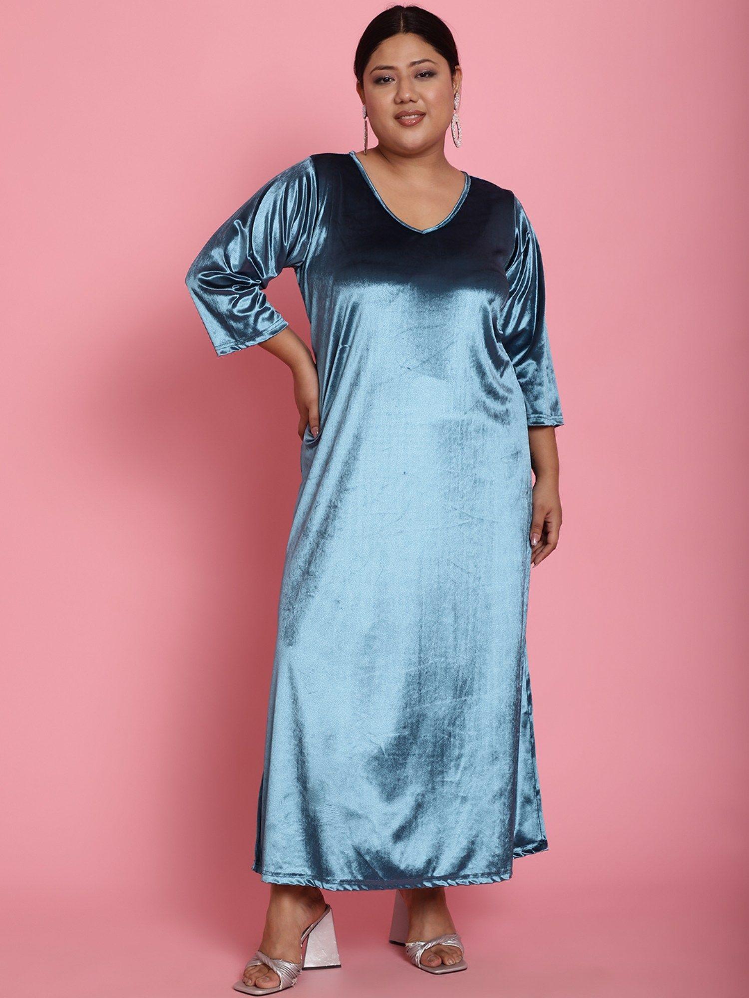 plus size womens blue solid color velvet a-line maxi dress