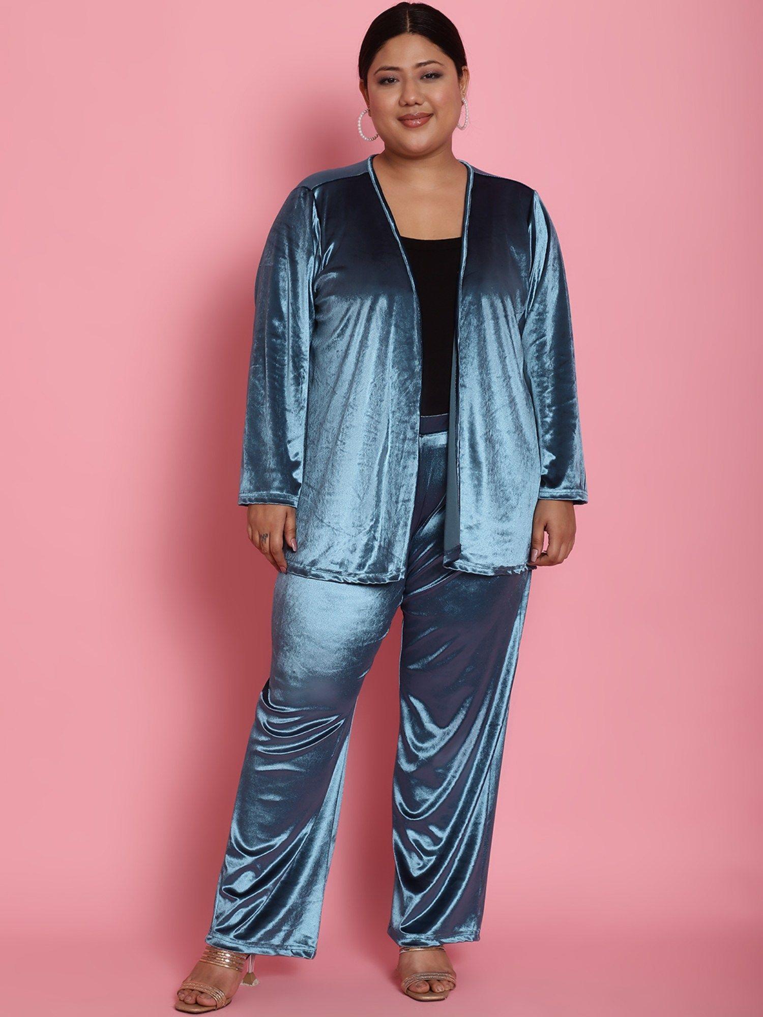 plus size womens blue solid color velvet shrug with trousers (set of 2)